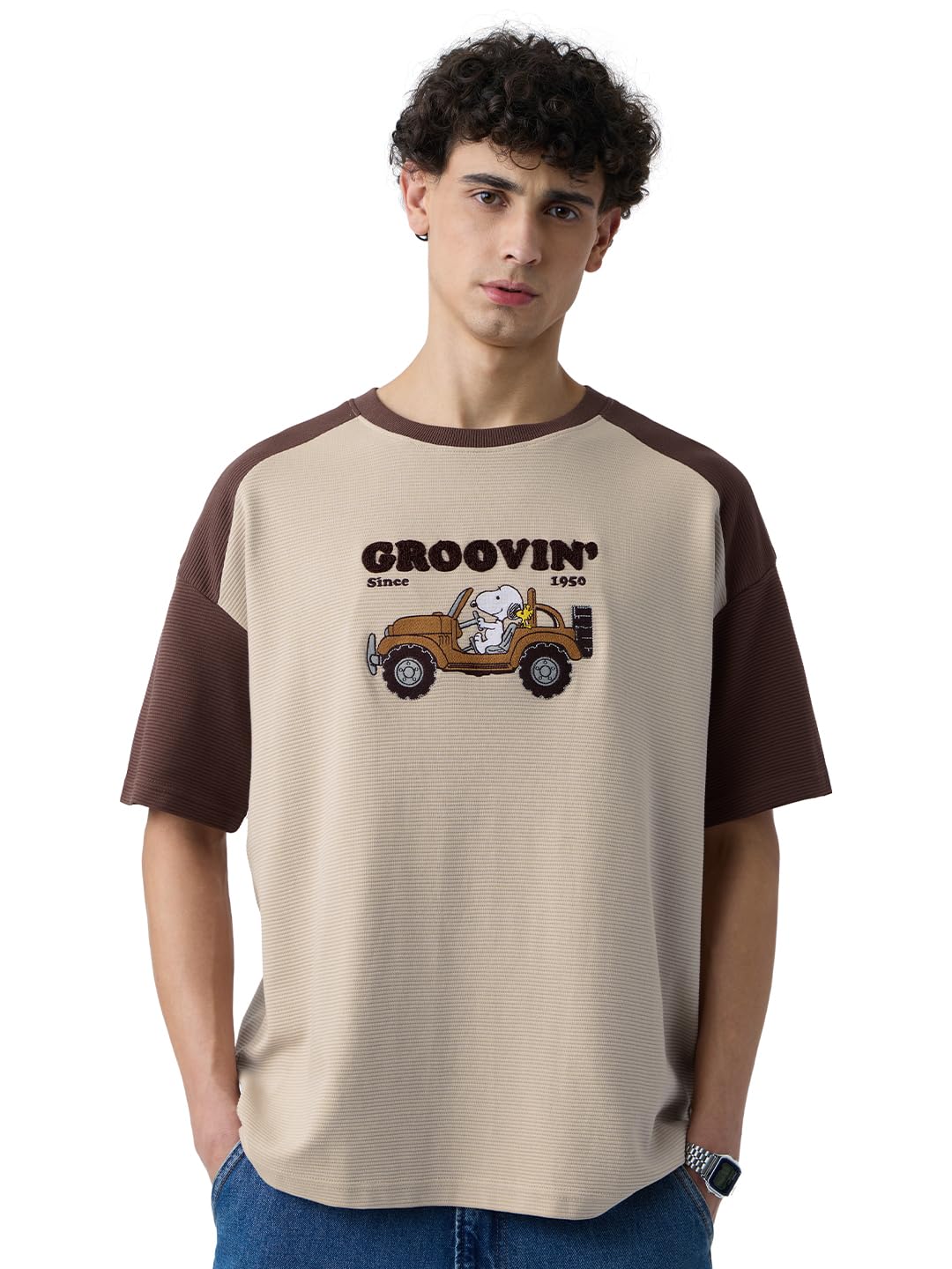 The Souled Store Ottoman: Peanuts Groovin Men and Boys Short Sleeves Round Neck Brown Embroidered Cotton Oversized T-Shirts