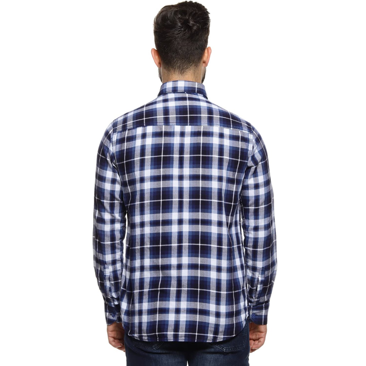 Campus Sutra Mens Navy Blue Tartan Plaid Shirt for Casual Wear | Spread Collar | Long Sleeve | Button Closure | Cotton Shirt Cr