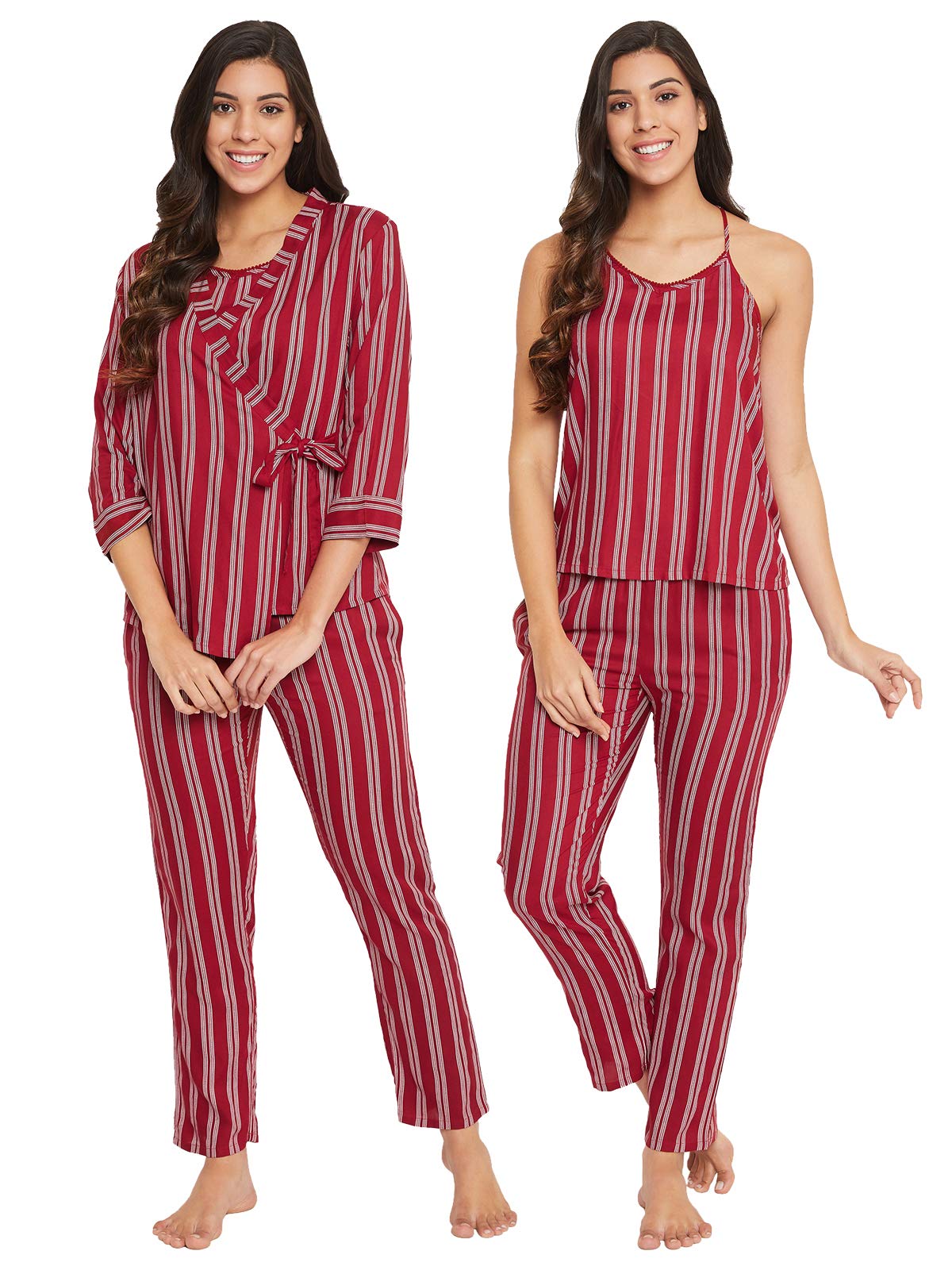 Clovia Womens Rayon Stripes Printed Cami Top & Robe Pyjama Set (LS0570P09_Red_S)