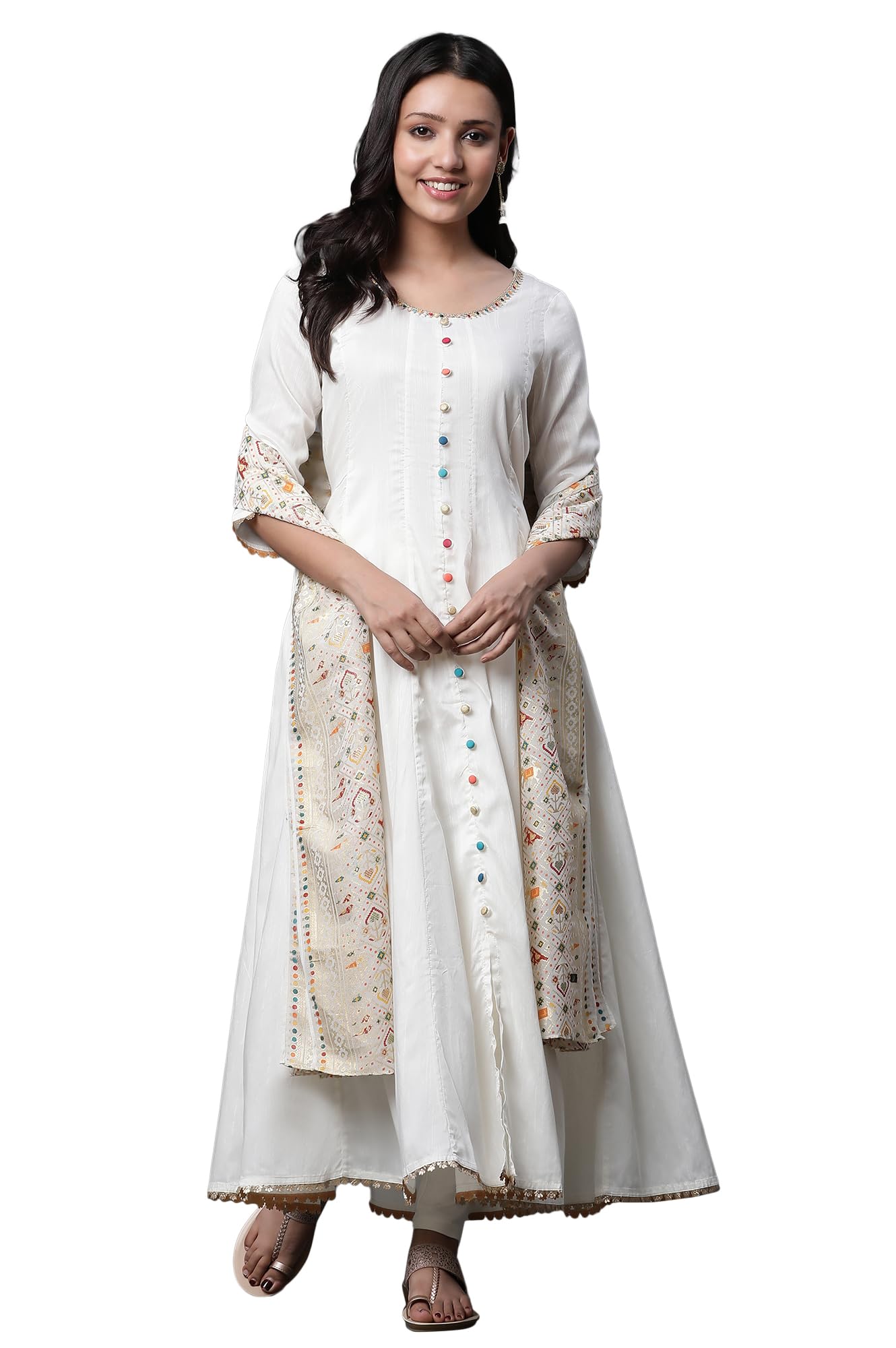 Aurelia Women'S Ivory Viscose Flared Regular Fit Kurta, Tights, Dupatta Suit Set_23Aud14559-702157_Xxl