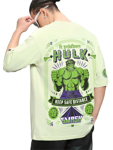 Bewakoof Official Marvel Merchandise Hulk MenS Graphic Print Oversized Fit Half Sleeve Round Neck Cotton T-Shirt_671254_Green_S