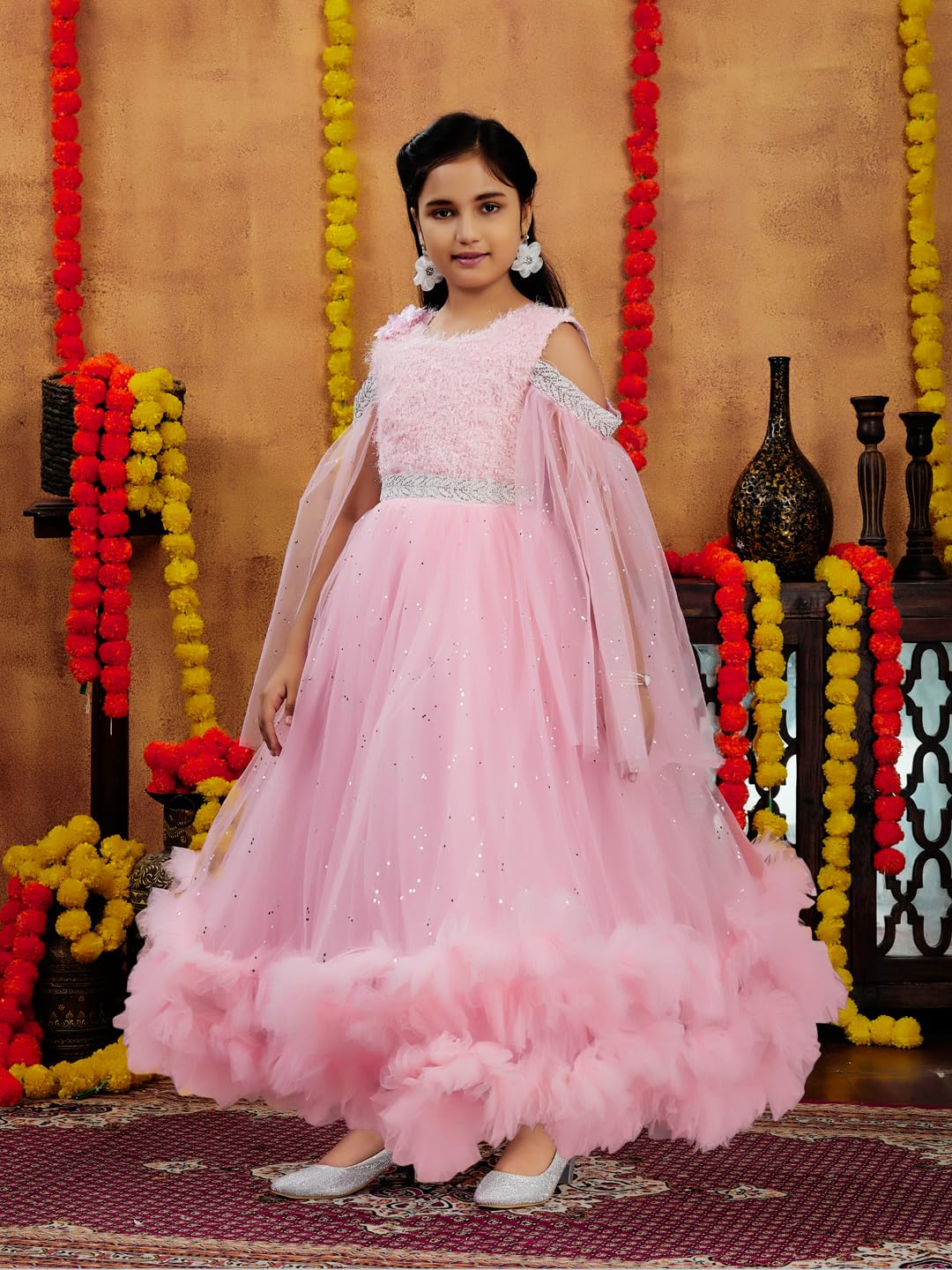Aarika Girls Peach Colour Emballished Net Gown (4-11 Years)