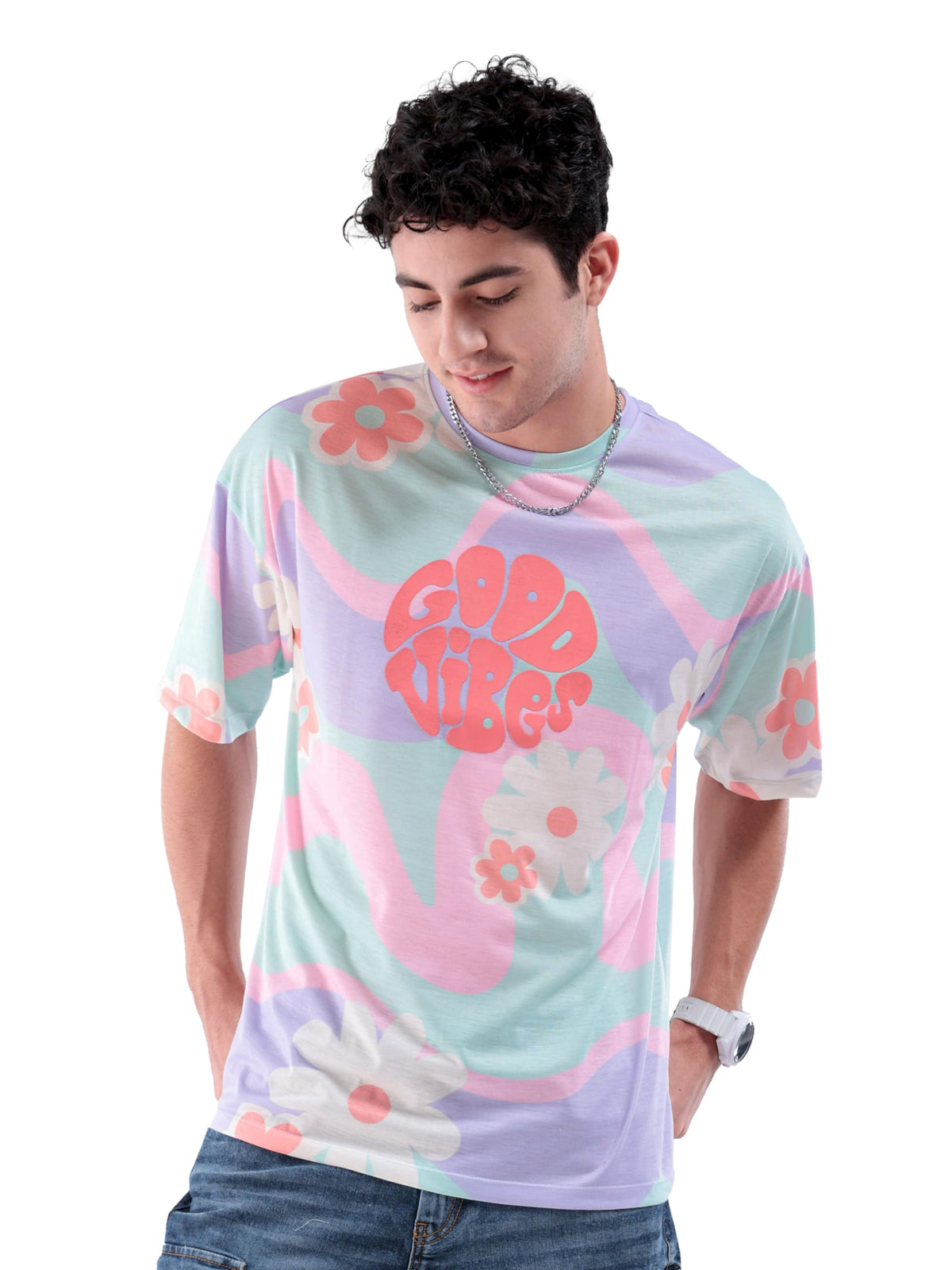 The Indian Garage Co Men Oversized Floral Round Neck Tshirt Aqua
