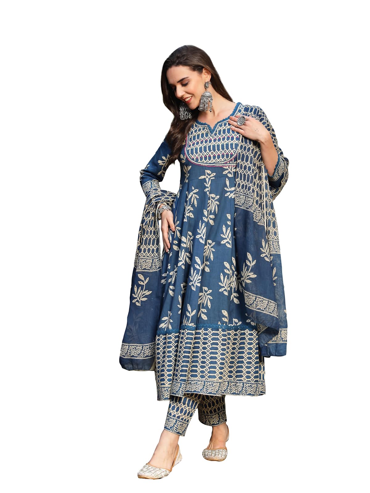 Stylum Womens Floral Printed Cotton Anarkali Kurta Pant Dupatta Set