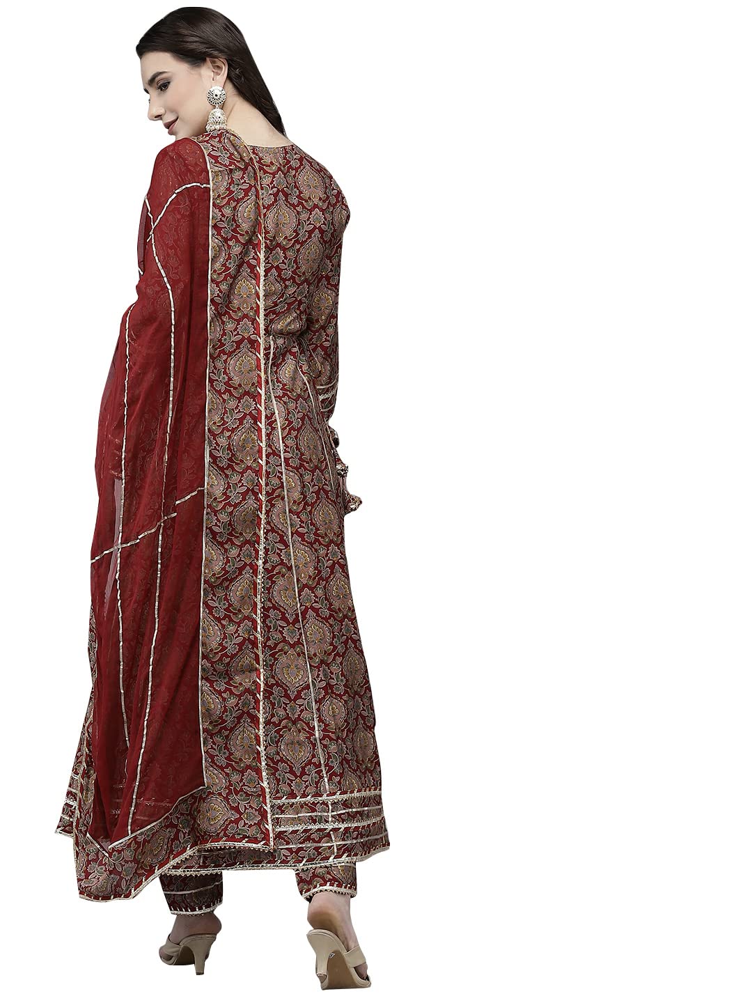 ishin Women's Silk Blend Maroon Embroidered Anarkali Kurta set With Trouser and Dupatta