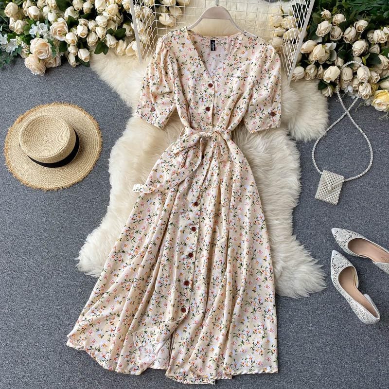 Gufrina Dresses For Women Half Sleeve || Floral Print || V-Neck And Puff Sleeves || Front Open Button & Tie-Up || Midi Dress (Be