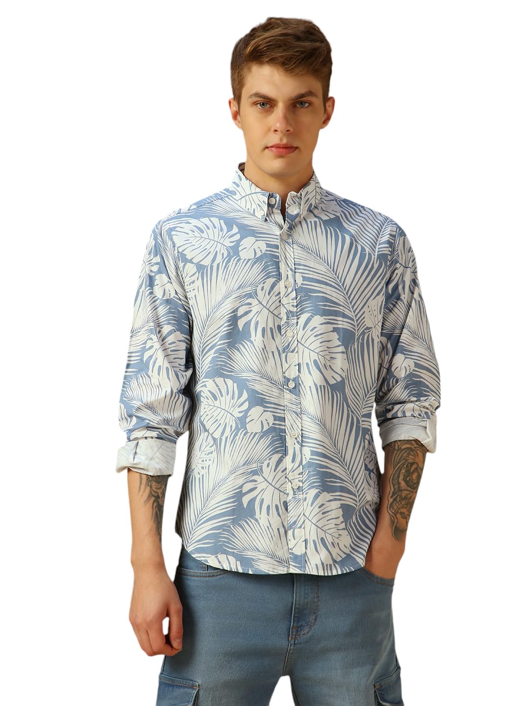 Dennis Lingo Men Blue Printed Cotton Regular Fit Full Sleeve Button Down Collar Casual Shirt