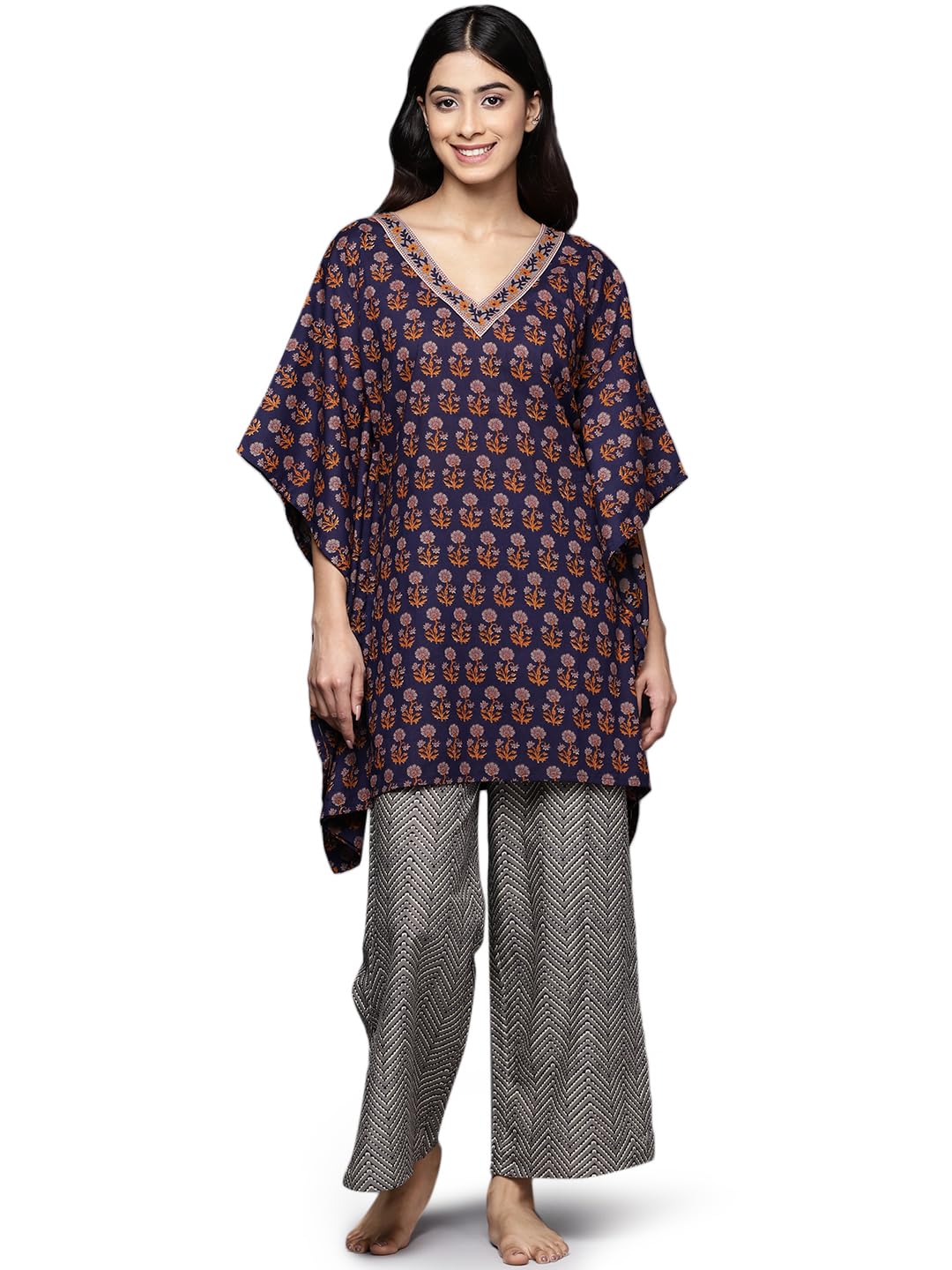 Libas Womens Printed Cotton Night Suit Set For Women Navy Blue