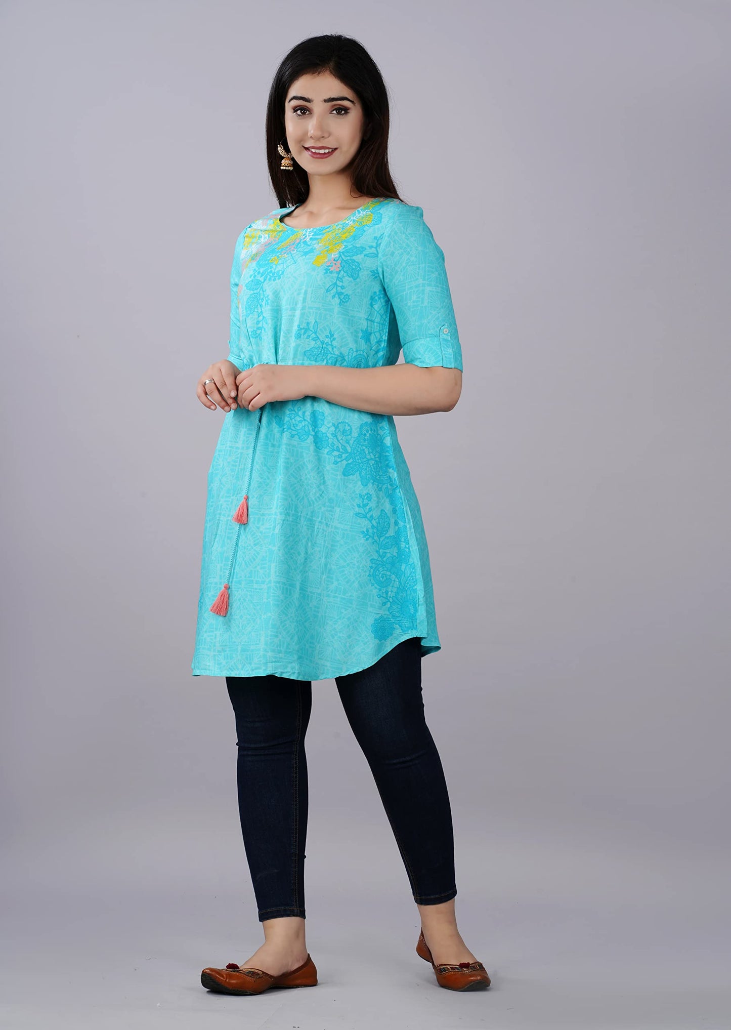 Digital Shopee Rayon Printed Regular Wear Short Kurti | Kurta For Women & Girls (Sky Blue)