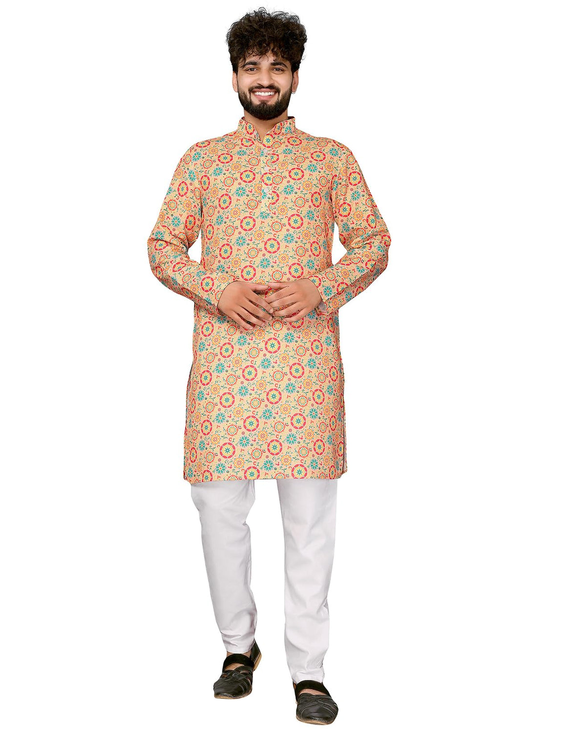 Lookmark MenS Cotton Blend Printed Kurta With Full Sleeves Ankle Length Orange Color And Button Closer - Suitable For All India