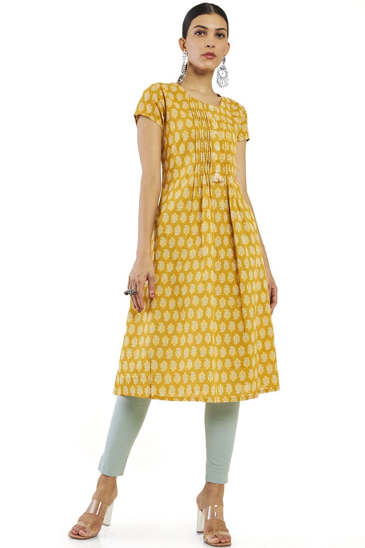 Soch Women Yellow Cotton Blend Printed Kurta