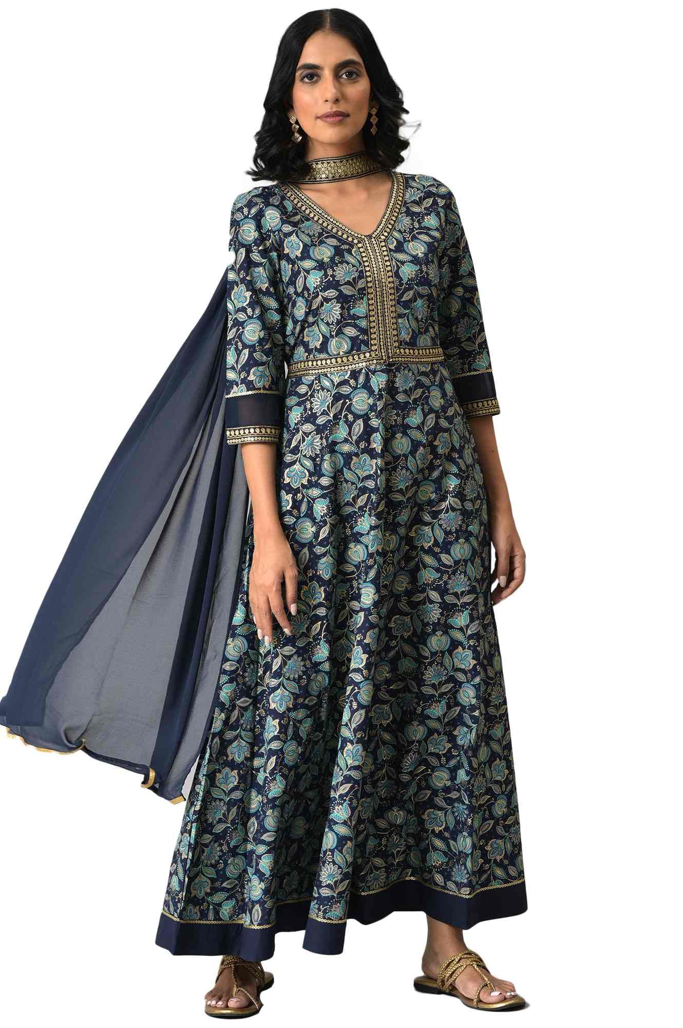 Aurelia Women Darkest Blue Viscose Floral Printed Dress & Dupatta (23Auas13516-505448-M)