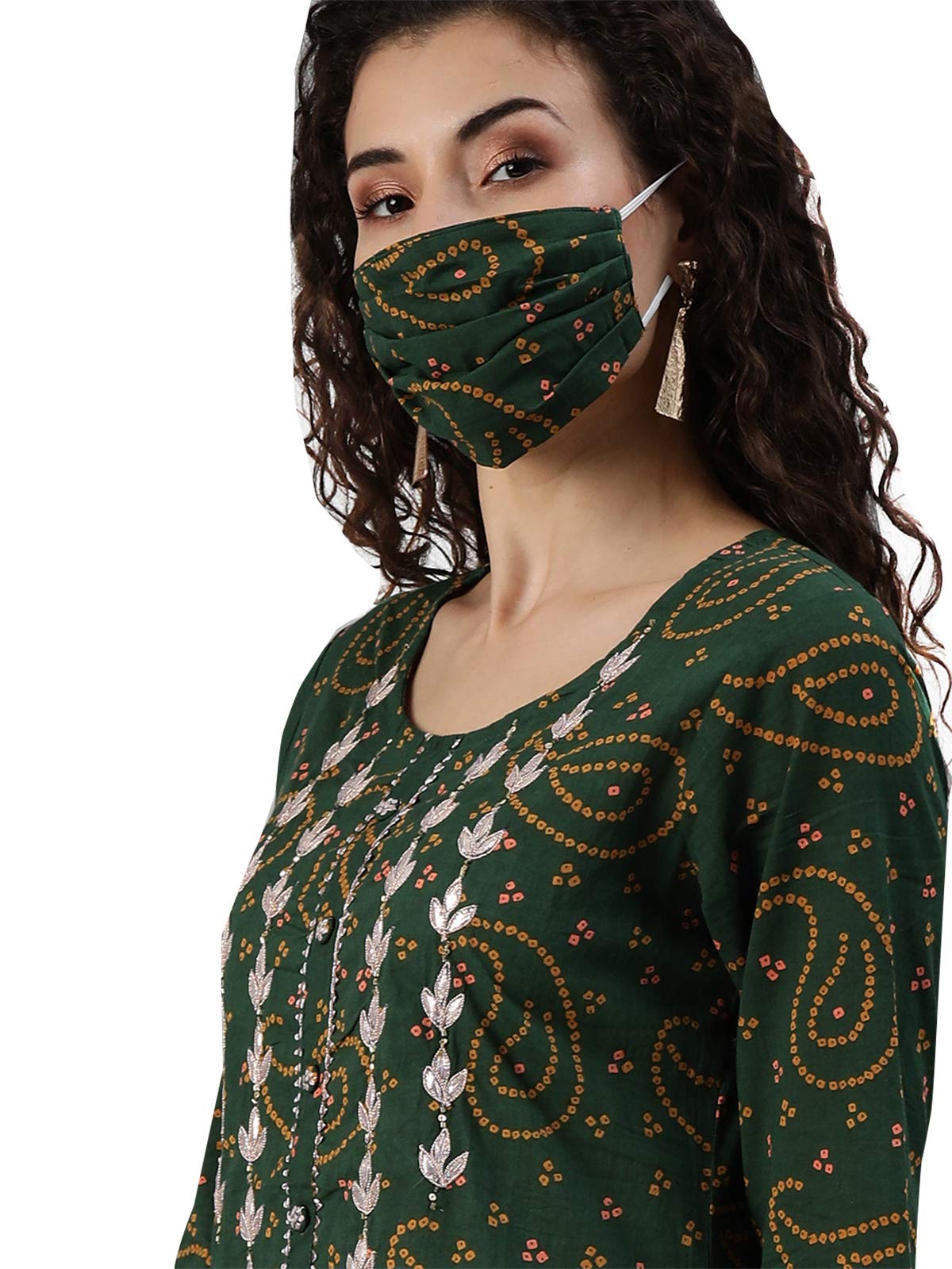 ishin Women's Cotton A-Line Embellished Gotta Patti Bandhani Print Green Kurti