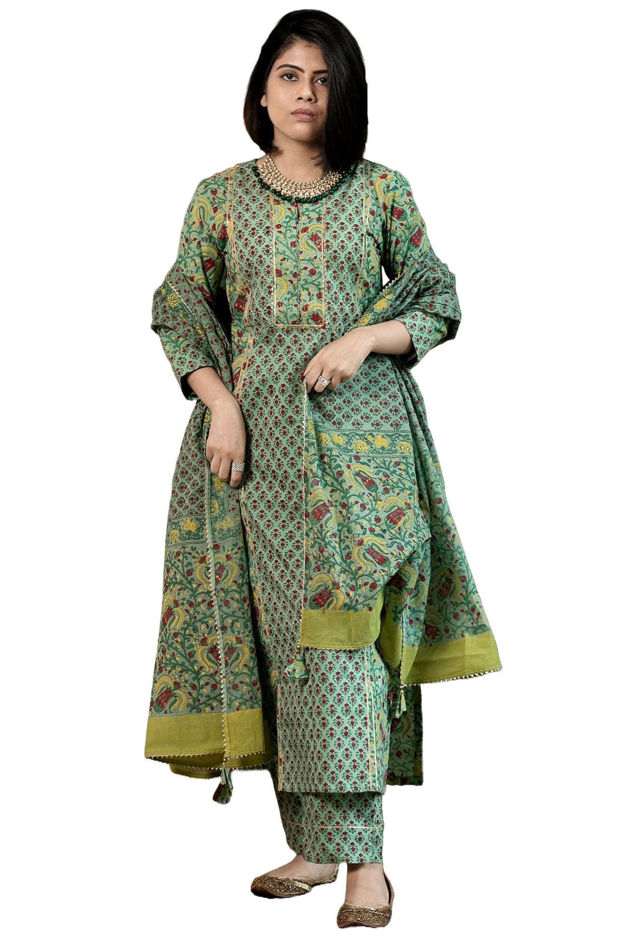 ANNI DESIGNER Ladies Rayon Viscose Floral Straight Kurta with Trousers and Dupatta, green, S