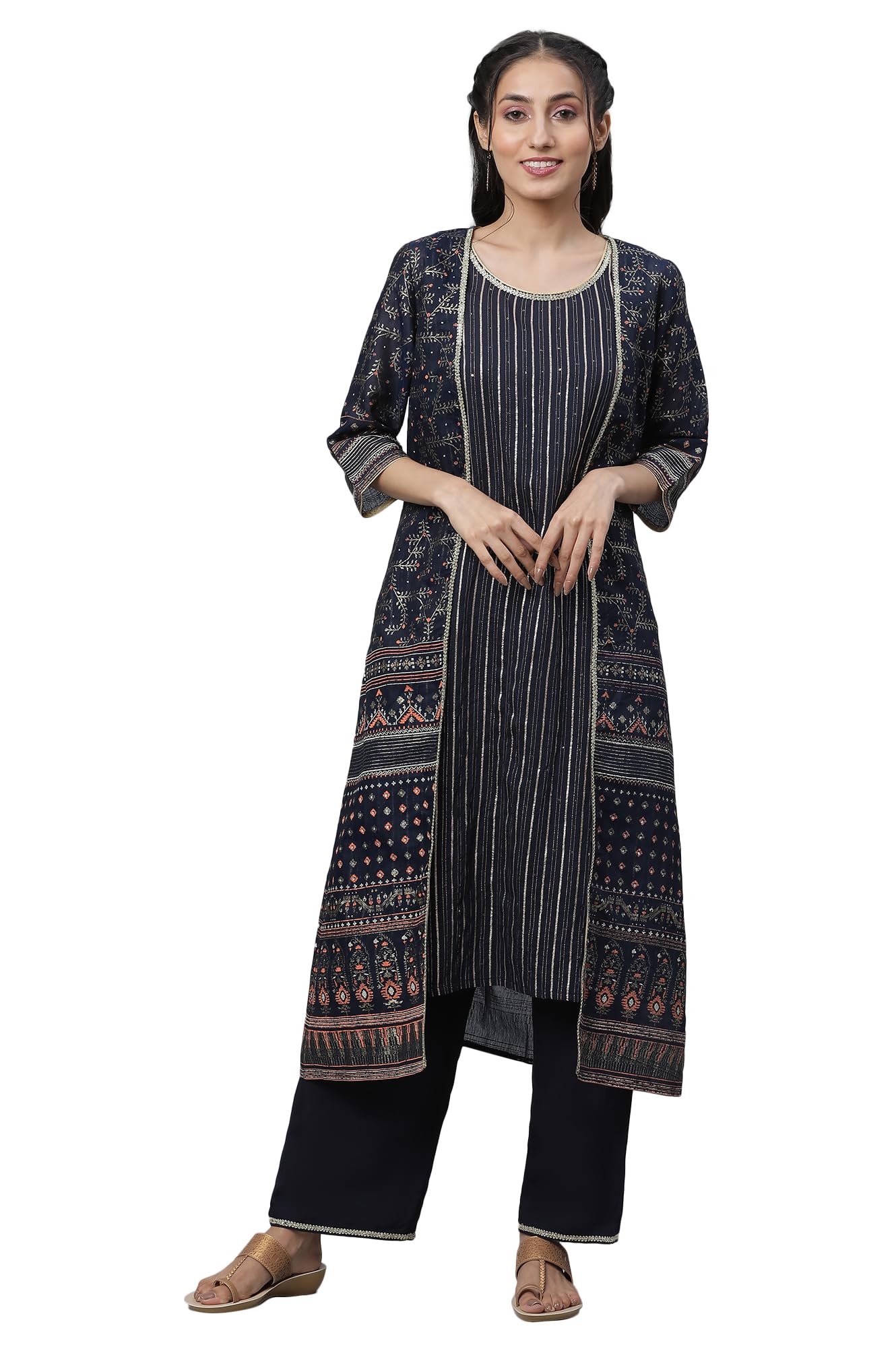 Aurelia WomenS Maritime Blue Polyester Straight Kurta, Trousers, Gillet Suit Set_23Aud14603-506298_S