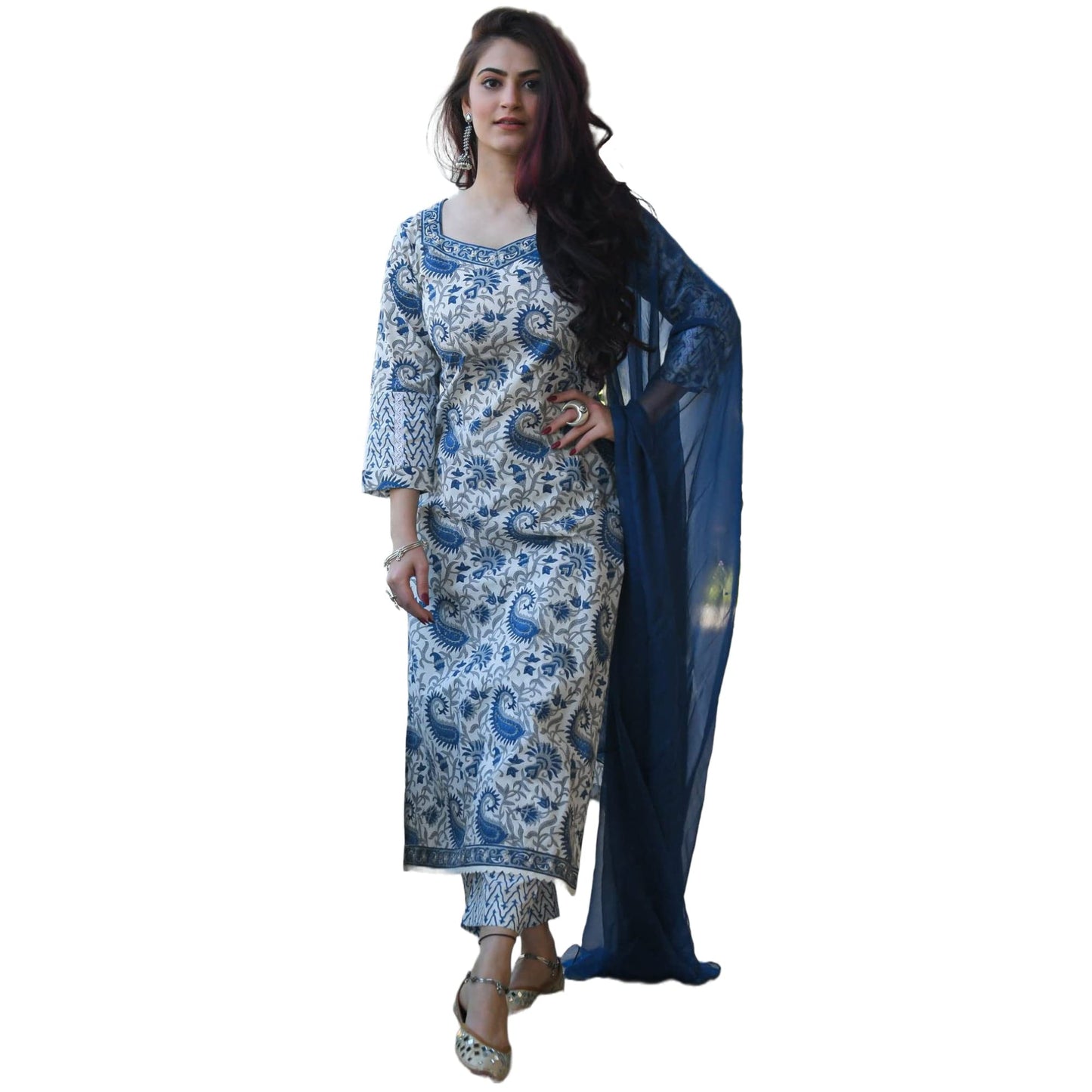 GoSriKi Women's Cotton Blend Straight Printed Kurta With Pant & Dupatta (Please-GO)
