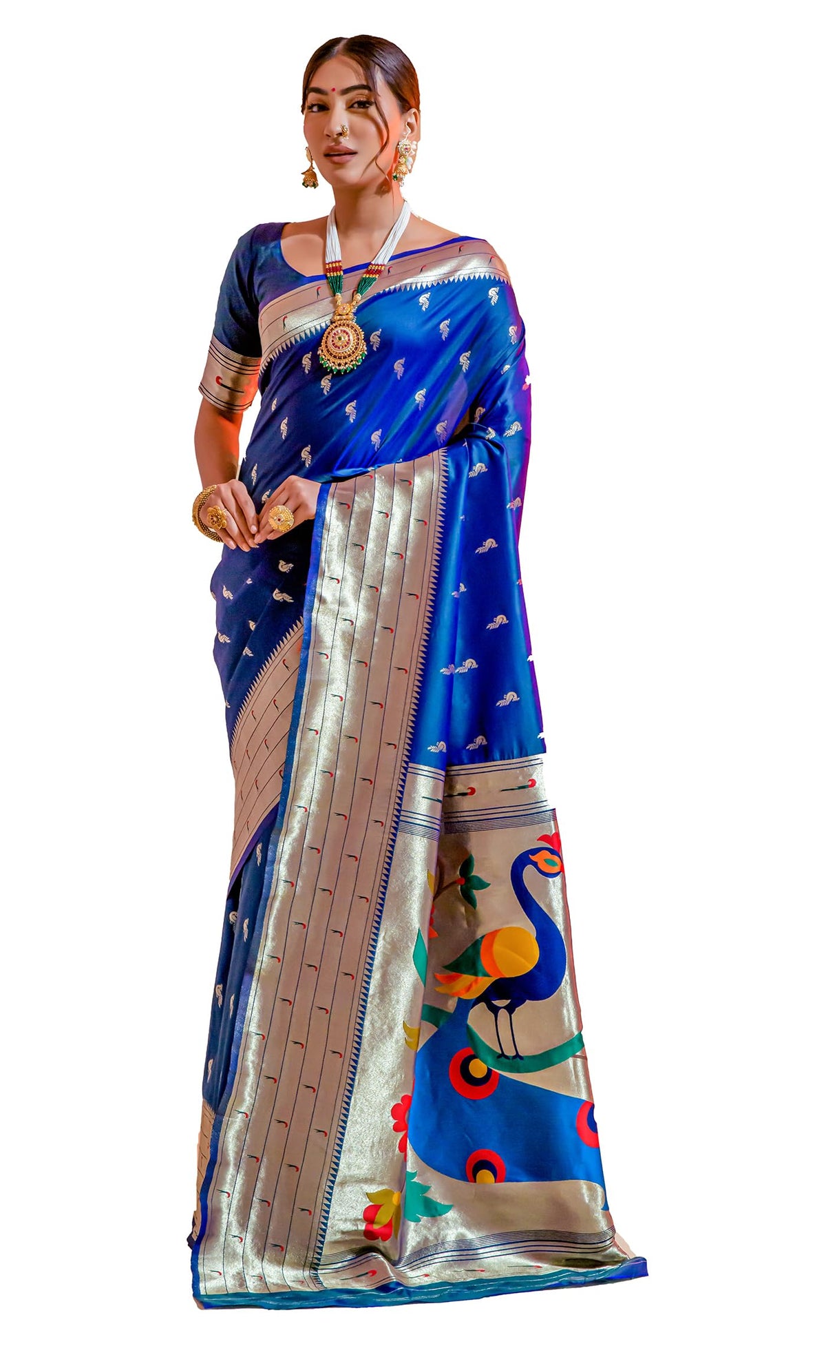 Pujia Mills Woman Pure Banarasi Silk Paithani Saree Indian Ethnic Wear Kanjivaram Saree With Heavy Golden Zari Woven Border With