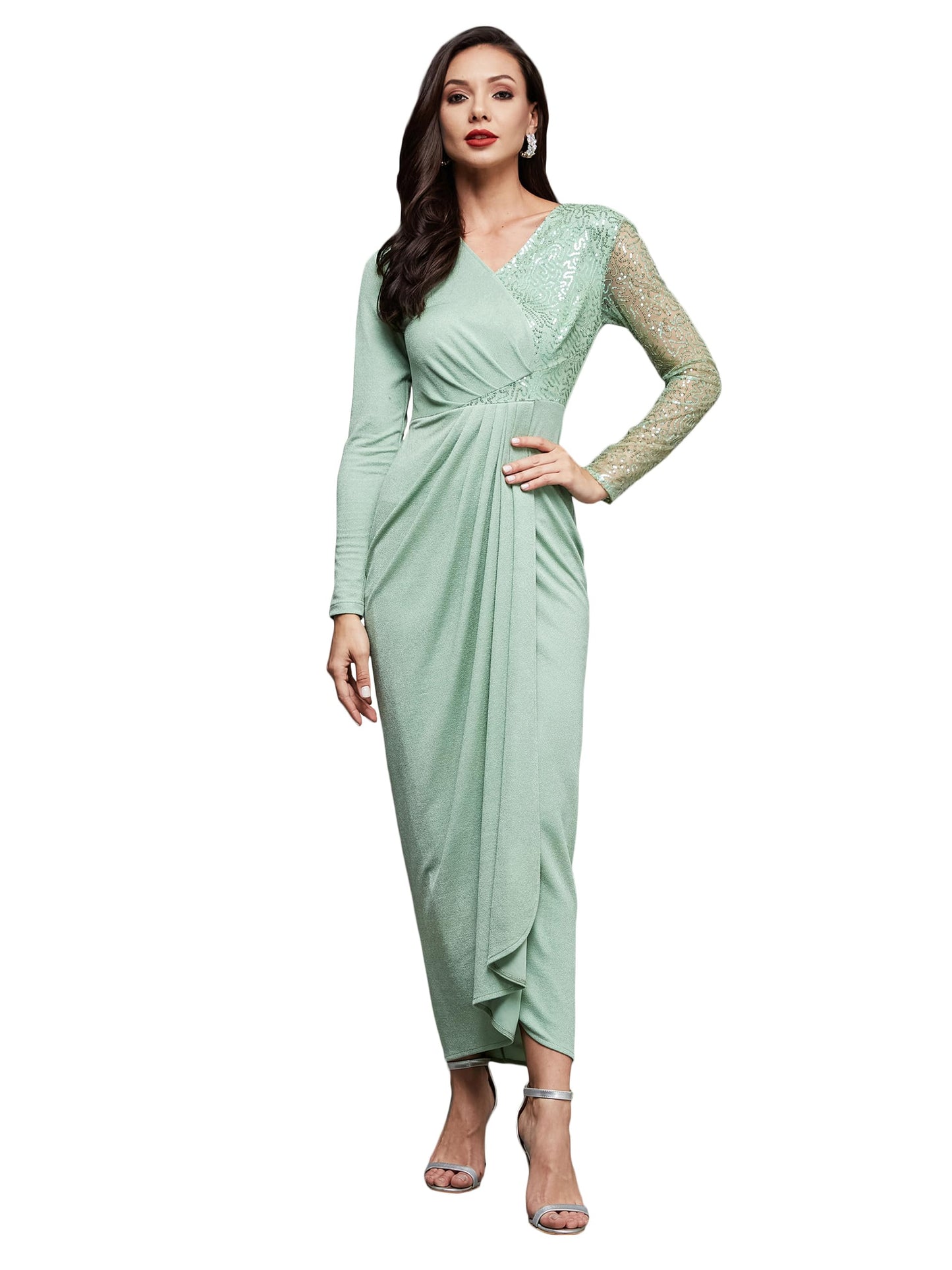 Miss Chase WomenS Embellished V-Neck Full Sleeve Pleated Slim Fit Longline Dress (Mcaw23D13-86-79-06, Mint, Xl)