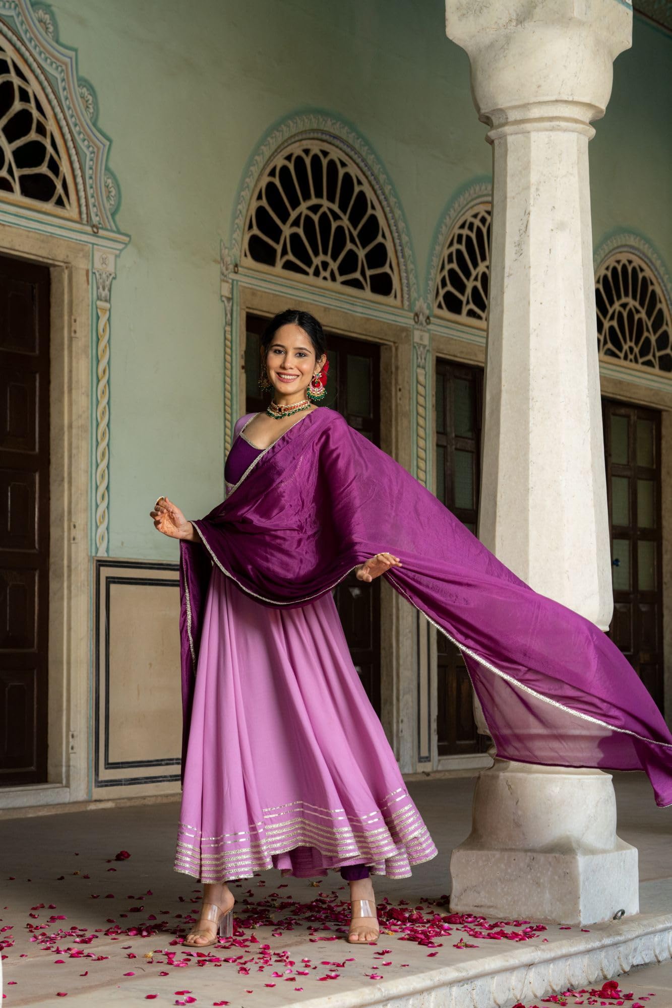 Gosriki WomenS Rayon Viscose Solid Anarkali Kurta With Pant & Dupatta (Kuspari Lavender-Vks02-Gs_M_Lavender_Medium)