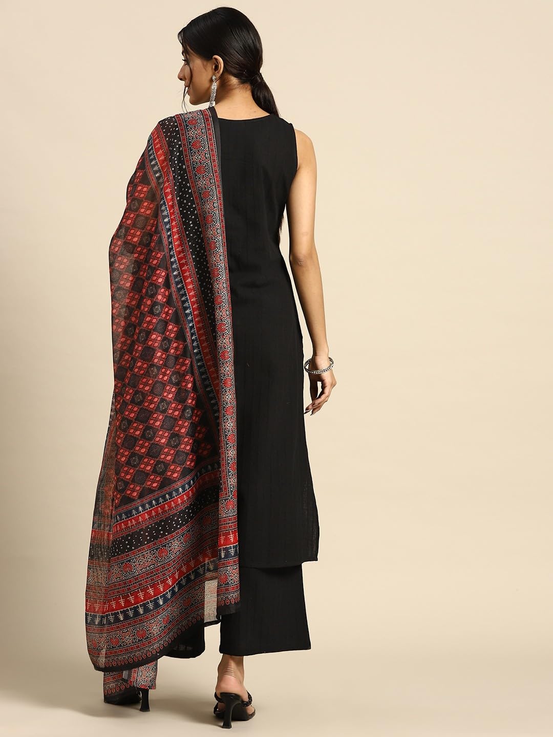 GoSriKi Women's Cotton Blend Straight Solid Kurta with Palazzo & Dupatta