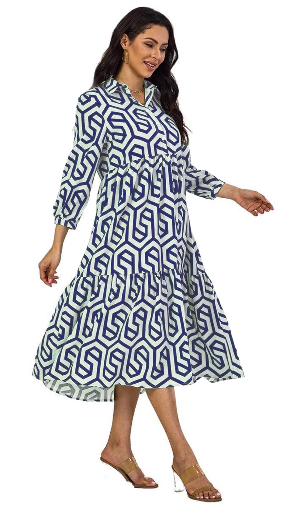 Shasmi Women & Girls Solid Blue Geometric Print Collared Dress With Long Cuffed Sleeves, Panelled Hem And A Button-Up Front Gath