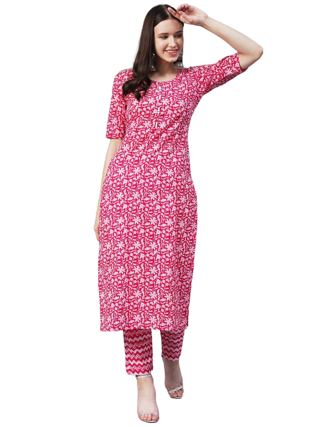 GoSriKi Womens Cotton Blend Printed Straight Kurta with Pant (AZRAK-GS)