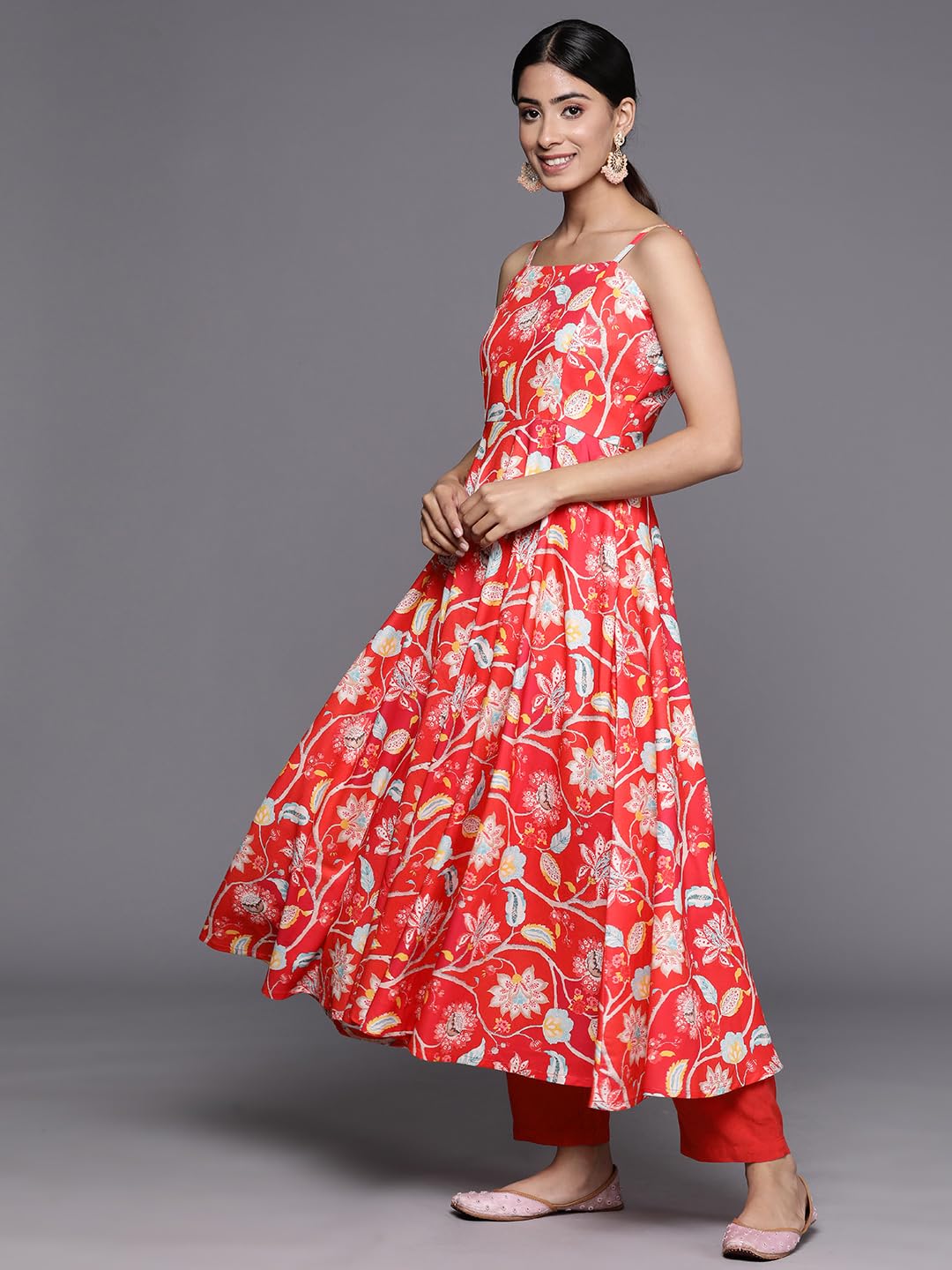 Varanga Women Red Floral Printed Anarkali Kurta Paired with Tonal Bottom and Dupatta