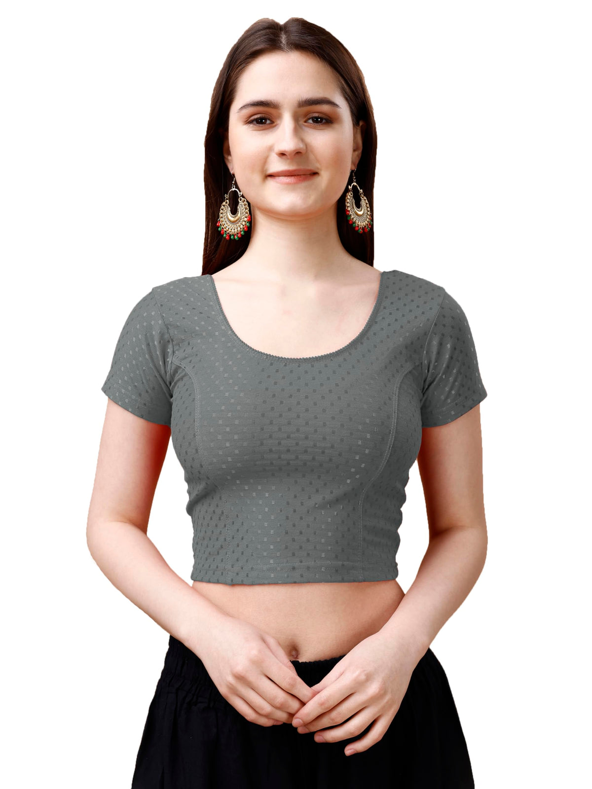 Pujia Mills WomenS Readymade Dobby Cotton Lycra Stretchable Round Neck Short Sleeve Blouse Fancy Grey Color Lycra Stretchable B