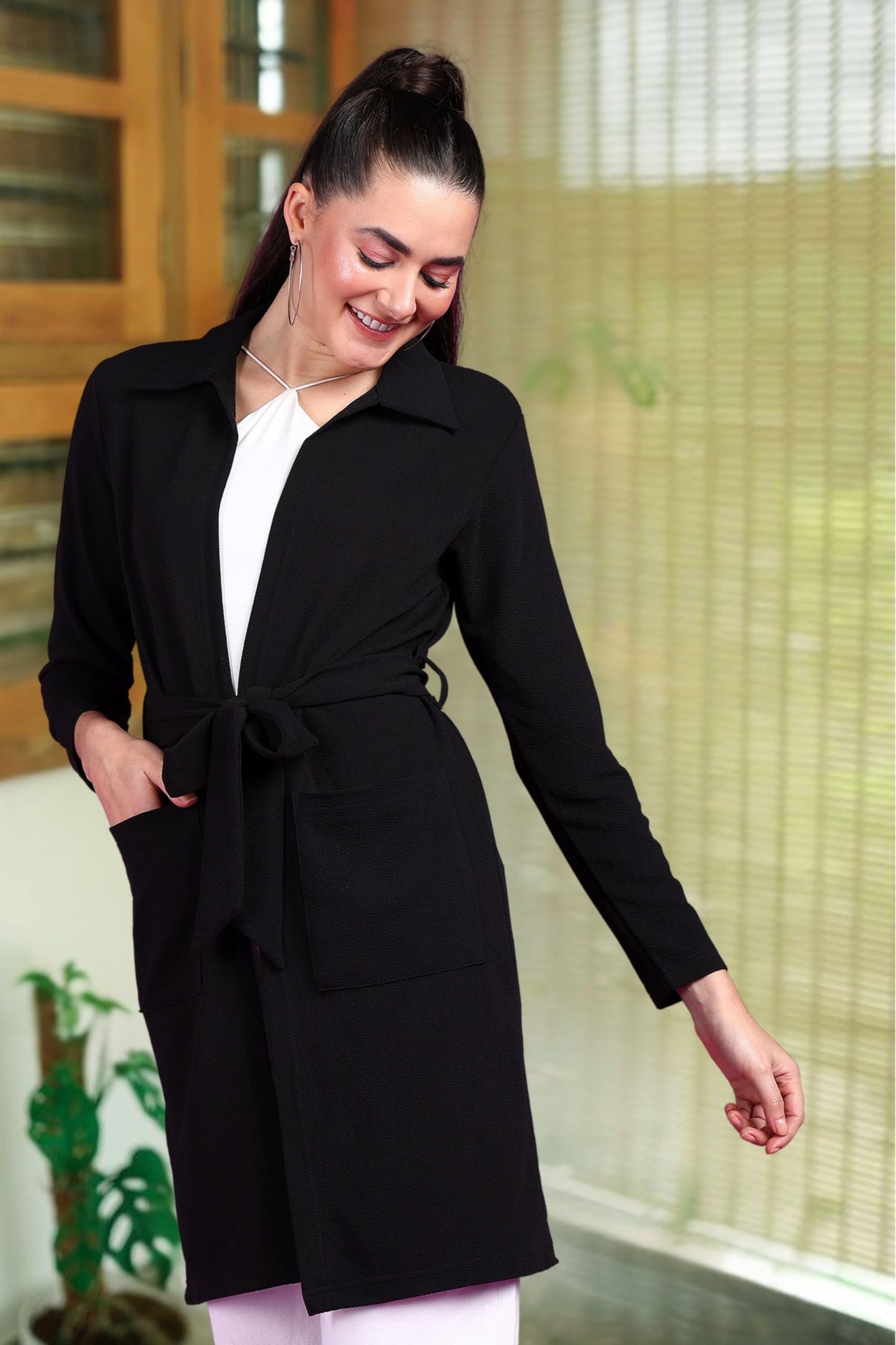POPWINGS Women Casual Black Solid Belt Closure Long Shrug