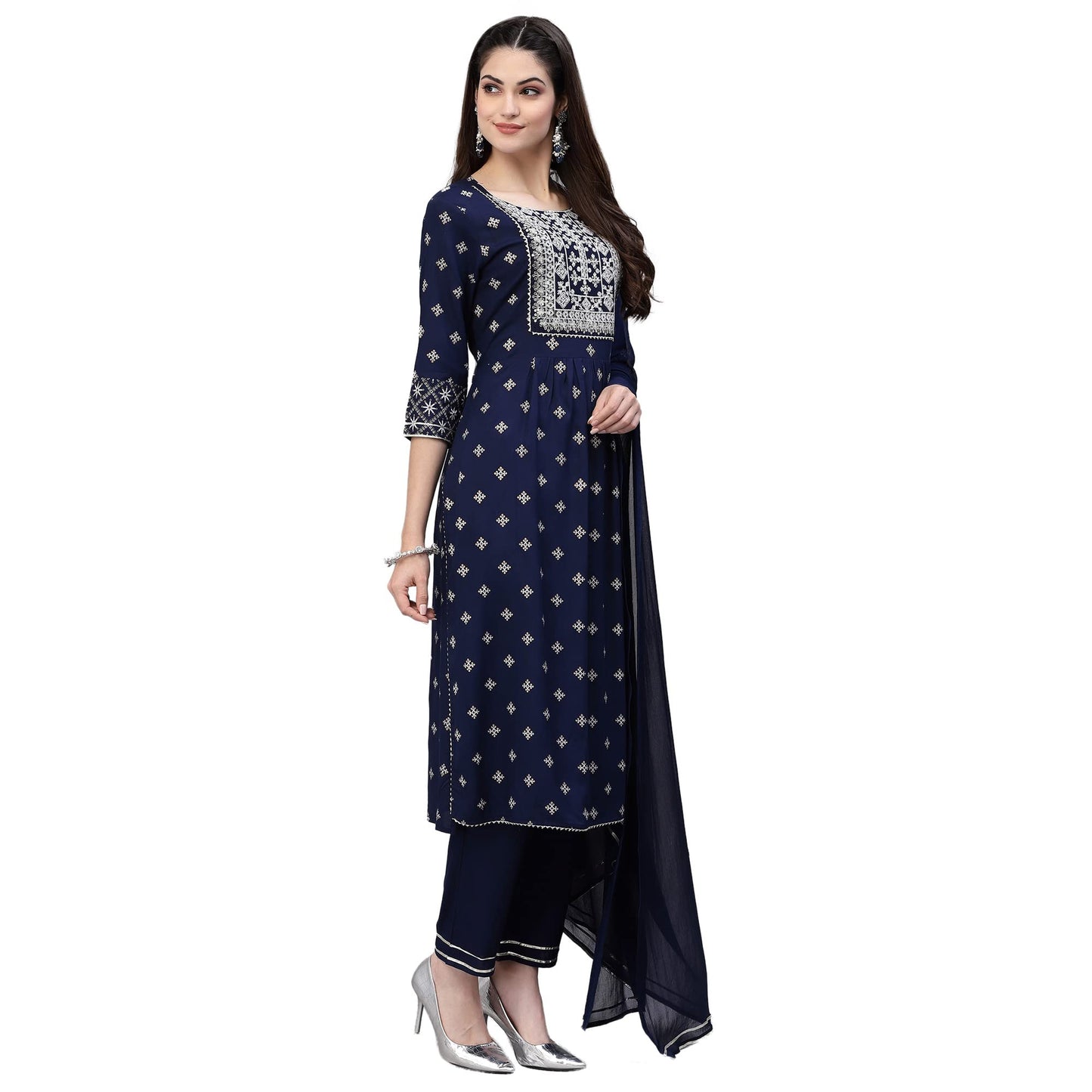 Stylum Women's Printed & Embroidered Rayon Straight Kurta Pant With Dupatta (Navy Blue)