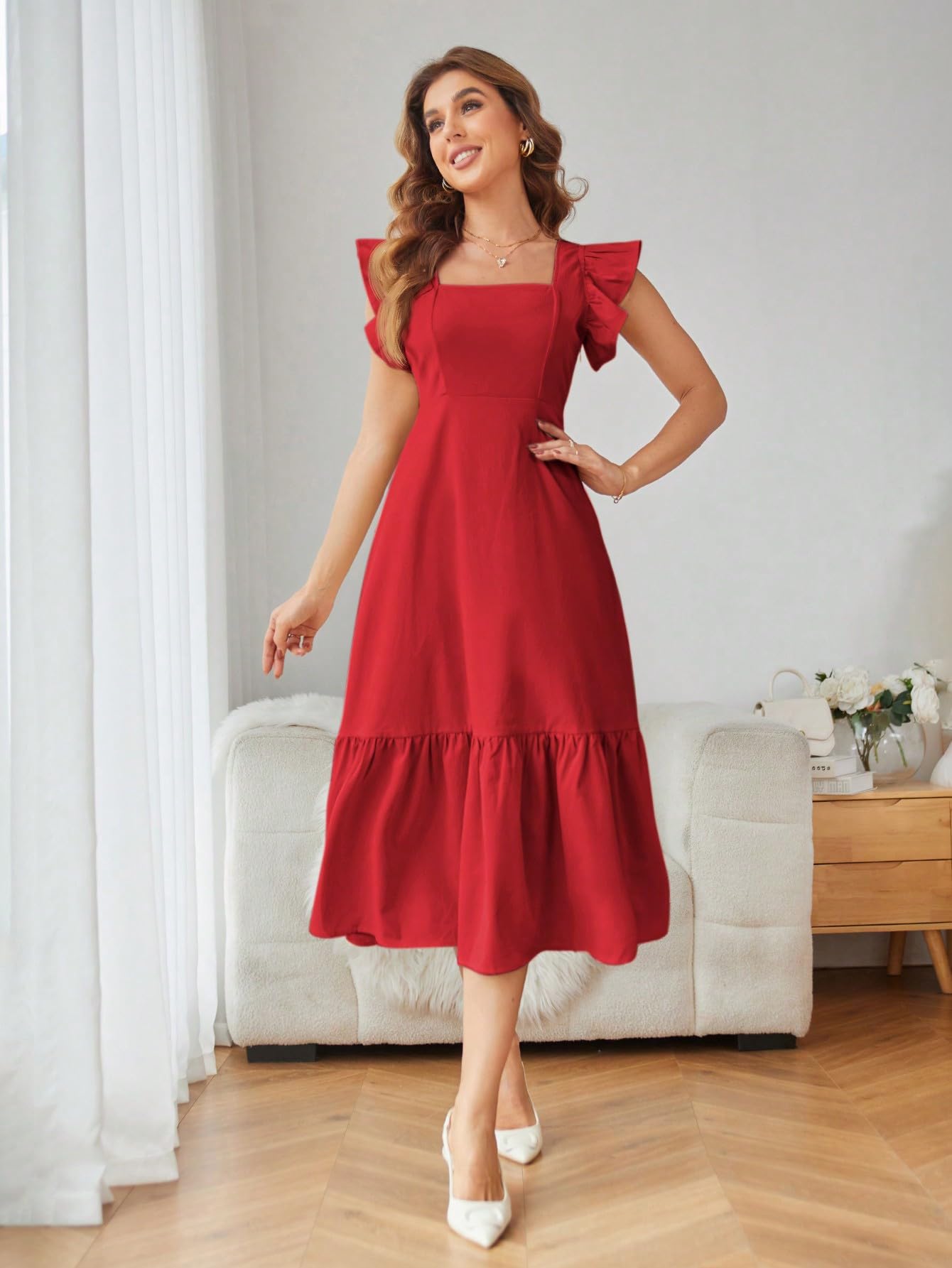 Shasmi GirlS & WomenS Solid Red Color Square Neck, Ruffle-Trimmed Hem Sleeveless, Ruffle Armhole And Casual Dress With Cinched