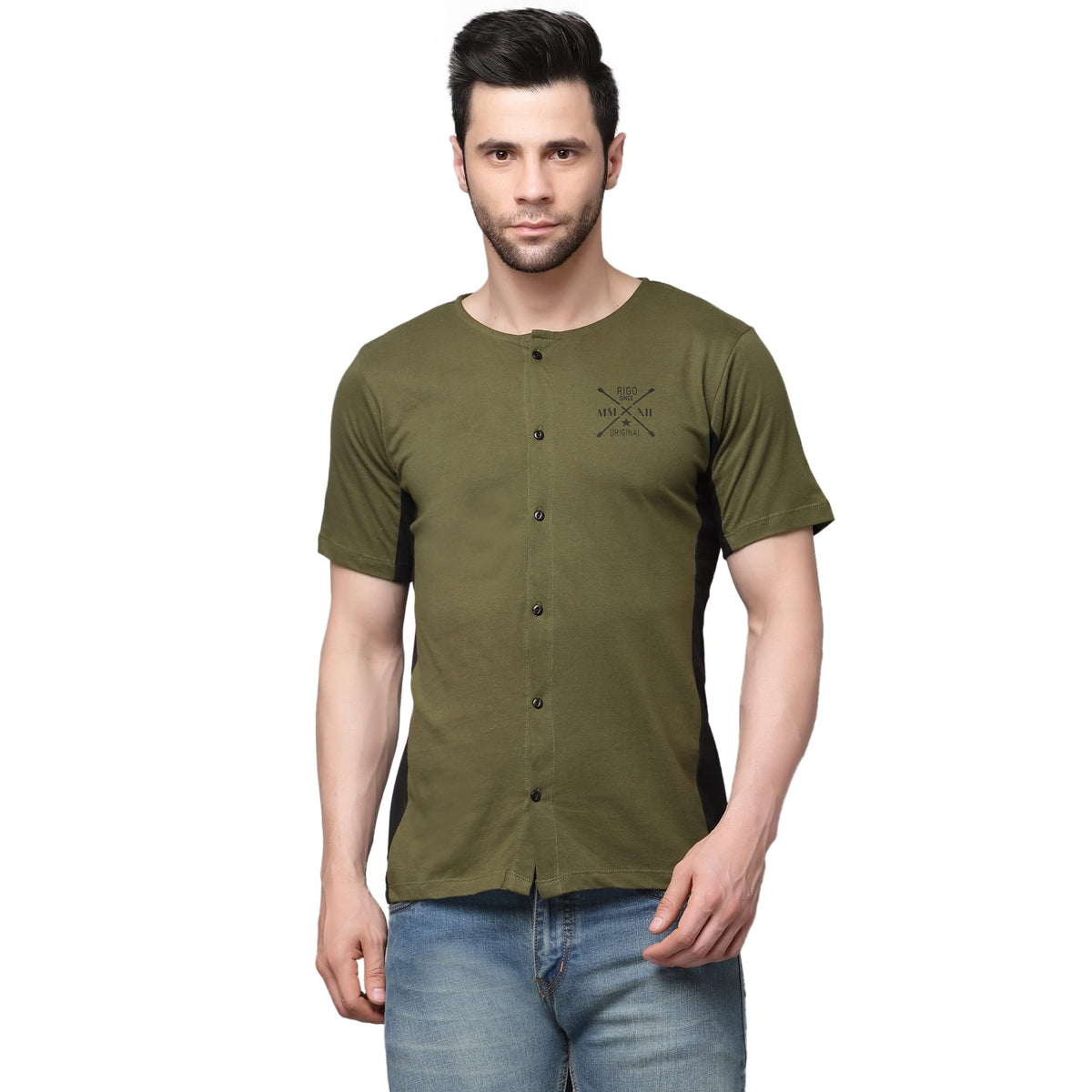 Rigo Men Olive Henley Colorblocked Half Sleeves Shirt