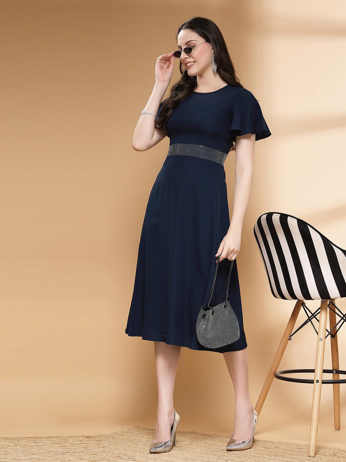 Selvia WomenS Western Dress | Stone Work Flutter Sleeve Crepe Western Dress For Women | Round Neck A-Line Dress For Women | One