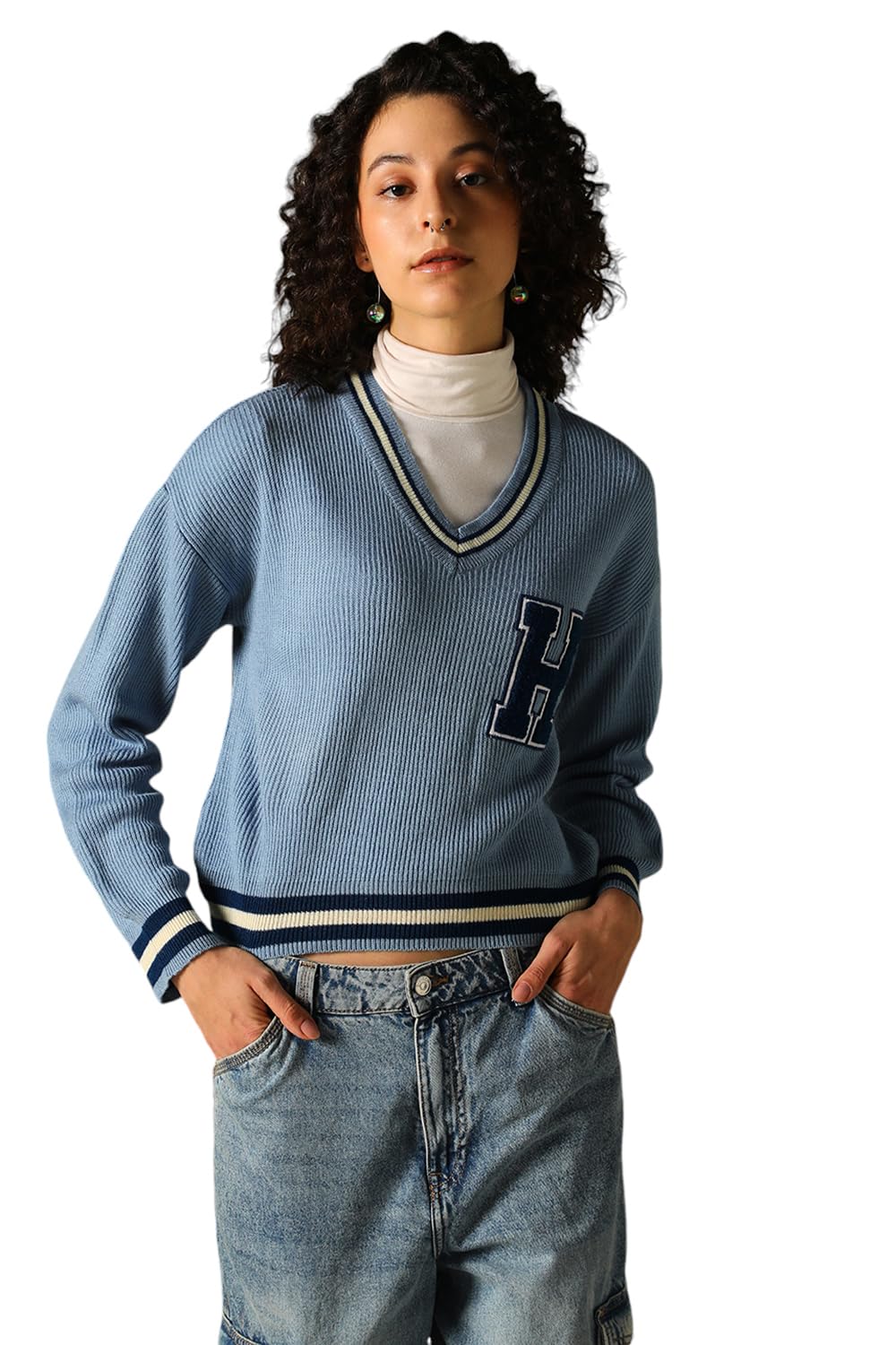 Hubberholme Women Knitted Acrylic Regular Fit V Neck Long Sleeve Sweaters Multicolour