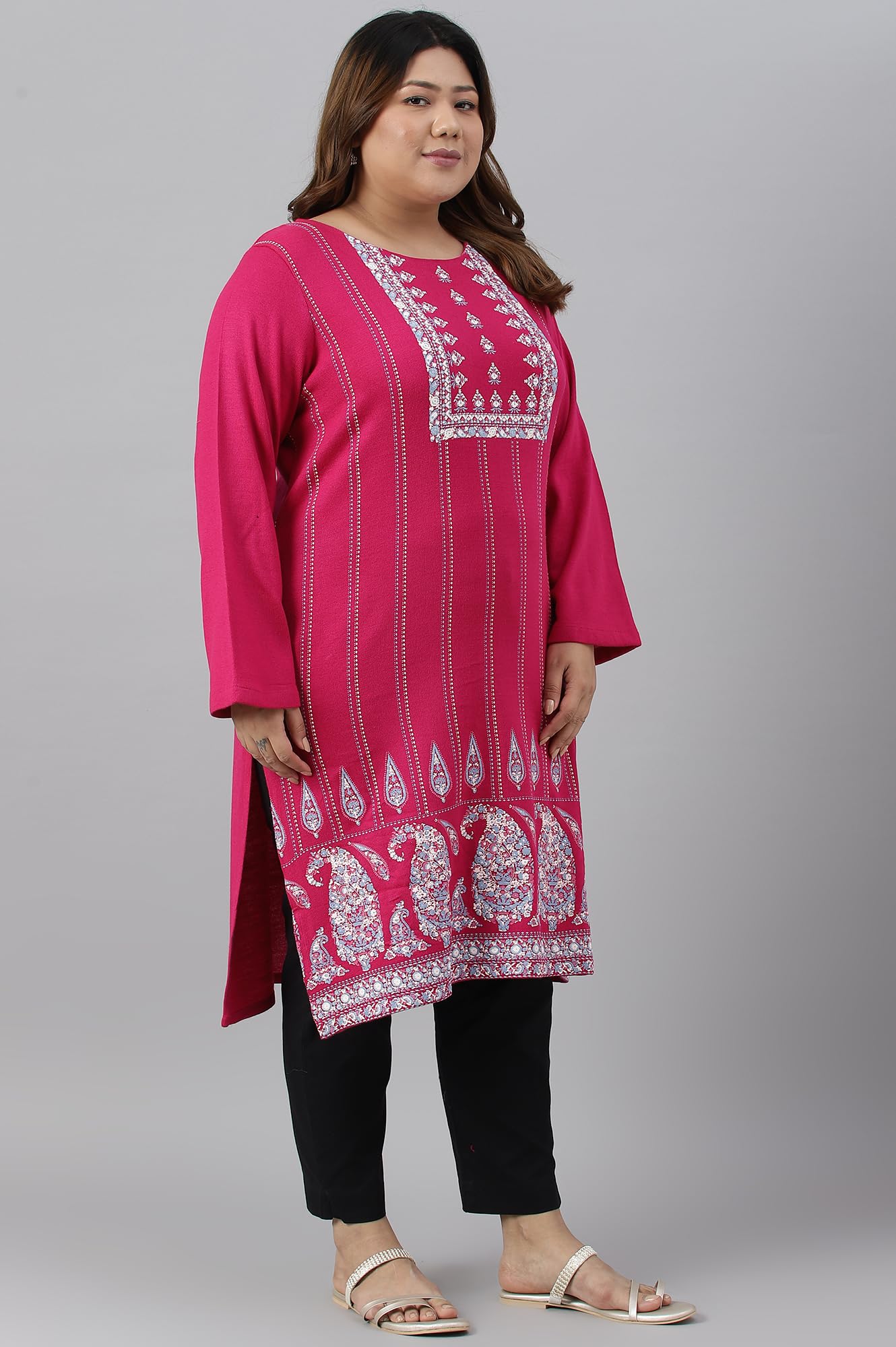 W for Woman Women Acrylic Paisley Print Plus Size Winter Classic A-Line Kurta