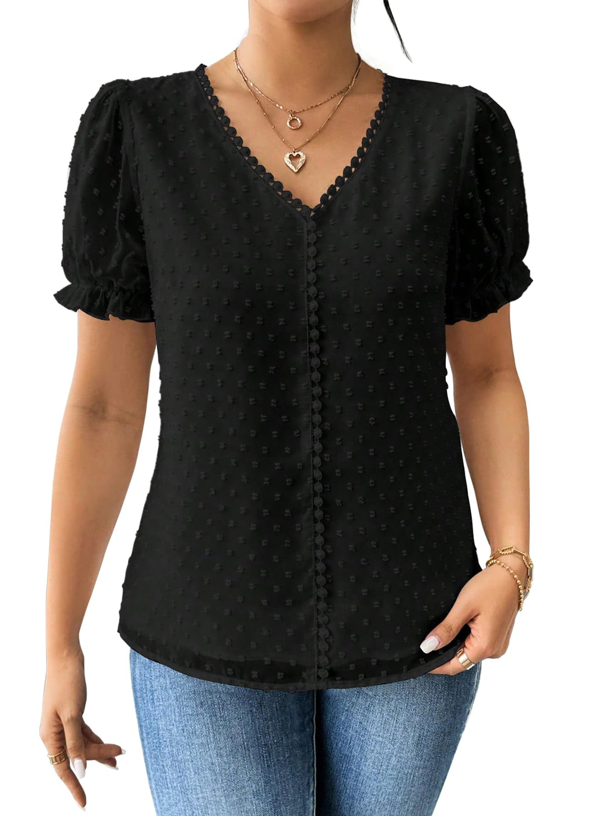 Shasmi Womens Elegant French Textured Fabric Solid Black Color Lace Panel V-Neck Jacquard Blouse,Short Puff Sleeve Tops Simple