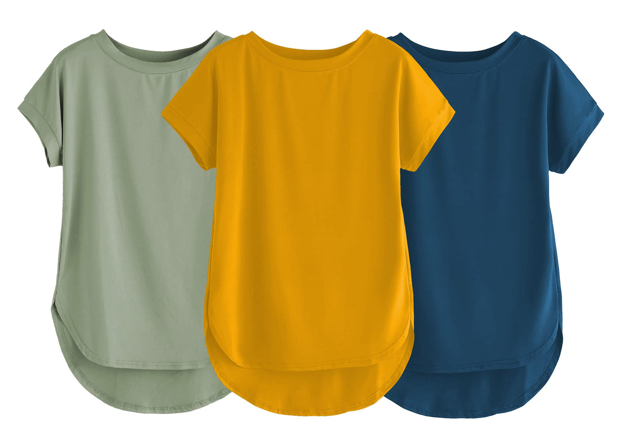 Fabricorn Combo Of Three Plain Mustard Yellow, Sage Green And Airforce Blue Round Neck Up And Down Cotton Tshirt For Women (Must