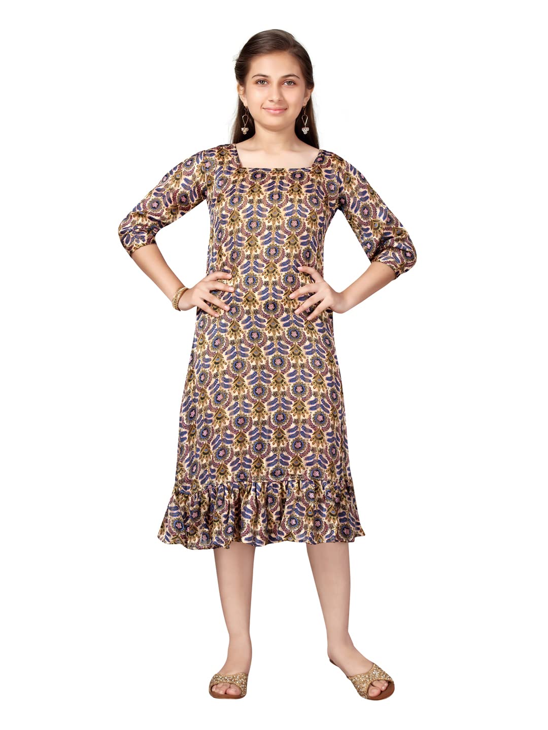 Aarika Girl's Cotton Blend Skater Knee-Length Dress (MD-22505_Fawn_38)