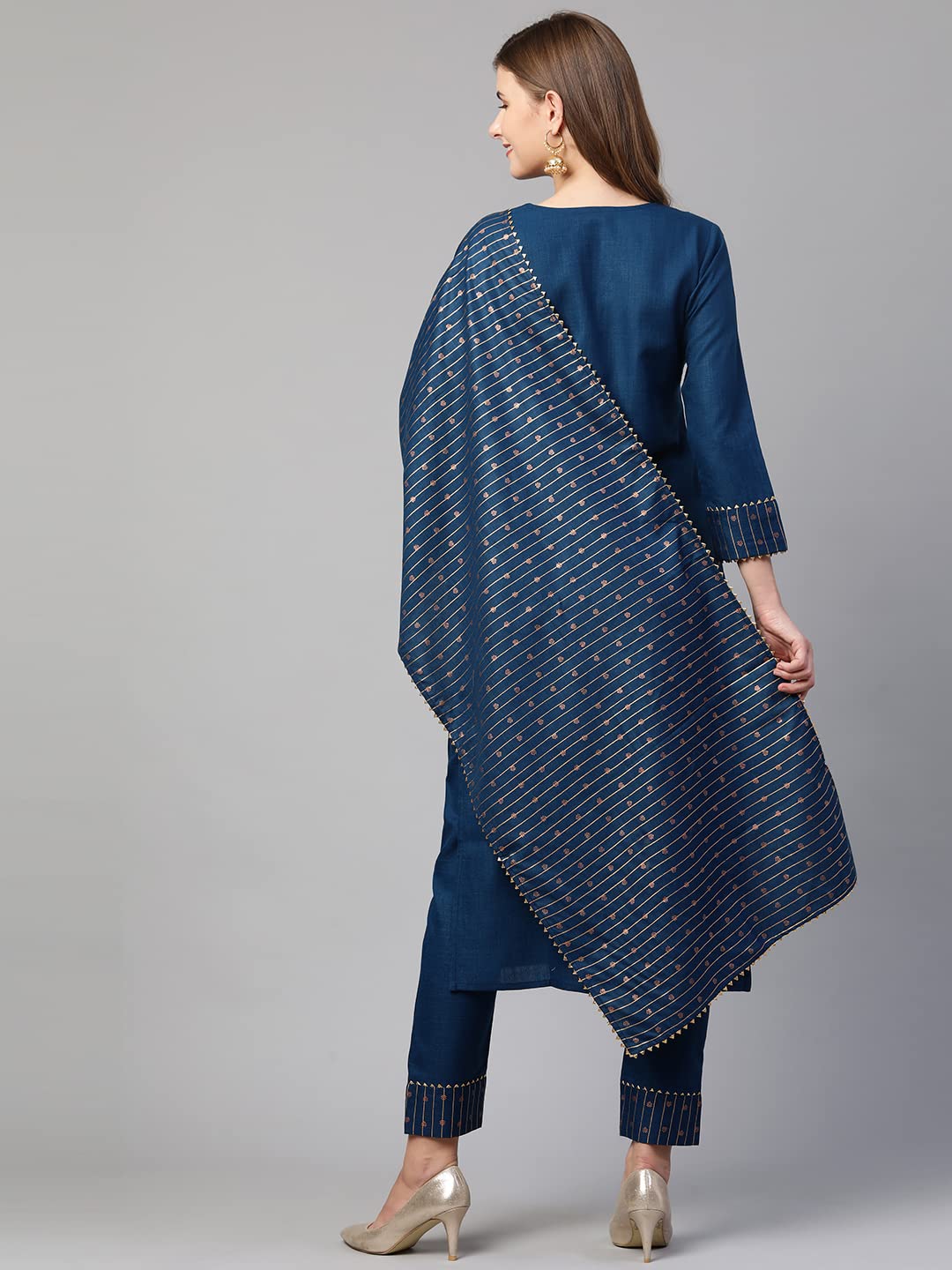 ANNI DESIGNER Women's Cotton Straight Kurta with Pant & Dupatta (KPTD-COT-10052-BLUE)