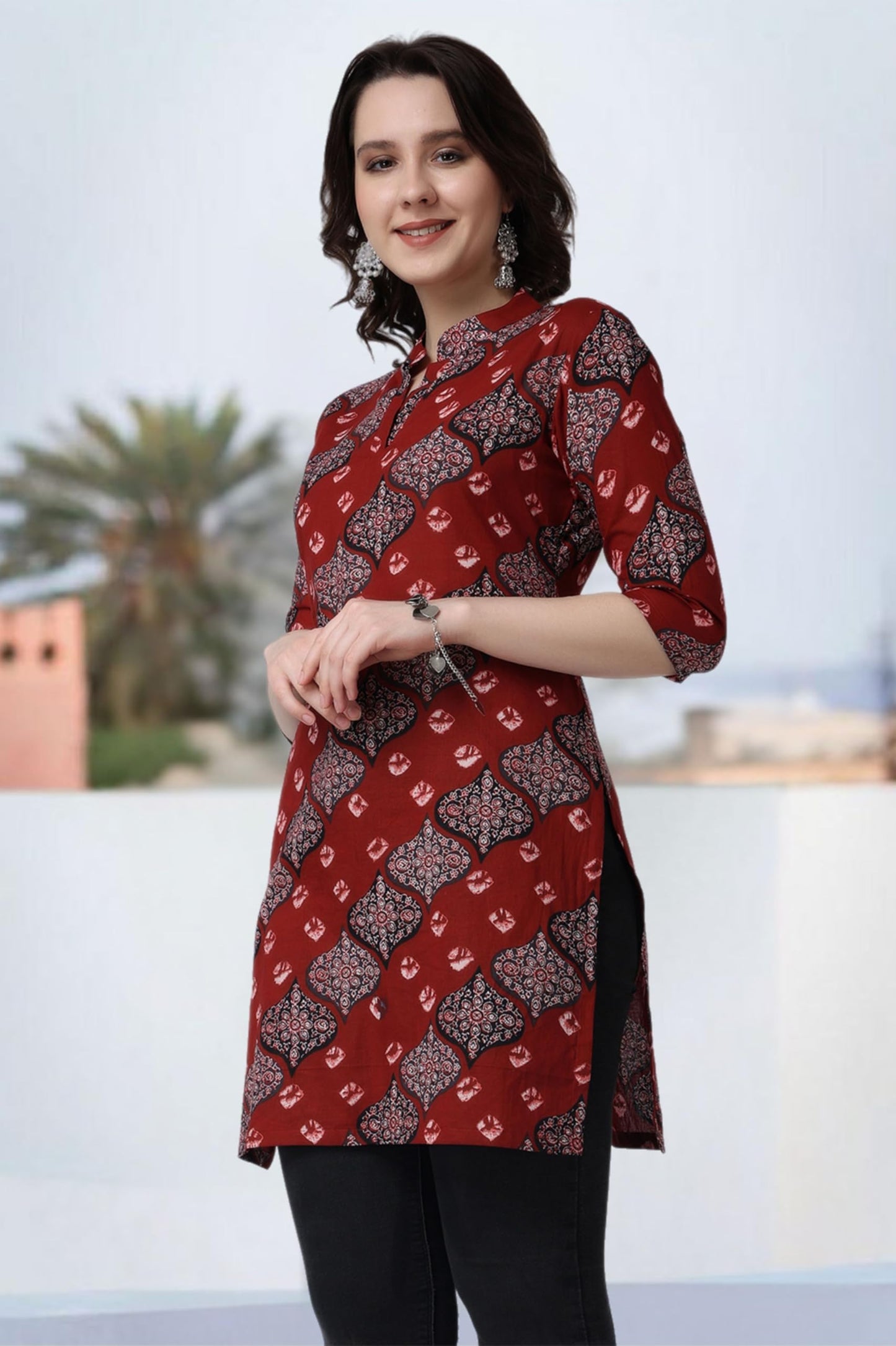 Popwings Women Casual Pure Cotton Maroon Bandhani Printed Kurti | Short Kurti For Women | 3/4Th Sleeve Kurti For Women Kurti For