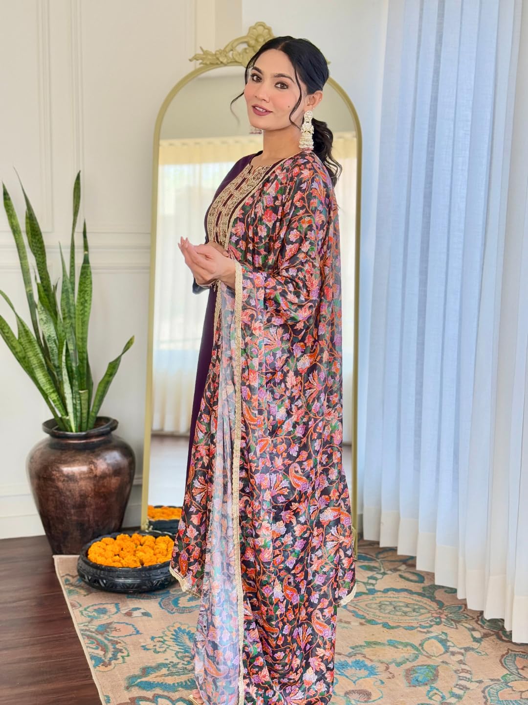 Naixa WomenS Wine Rayon Embroidered Straight Kurta With Rayon Pant And Silk Chiffon Embroidered Laced Dupatta Sets (Nx-620-Wine