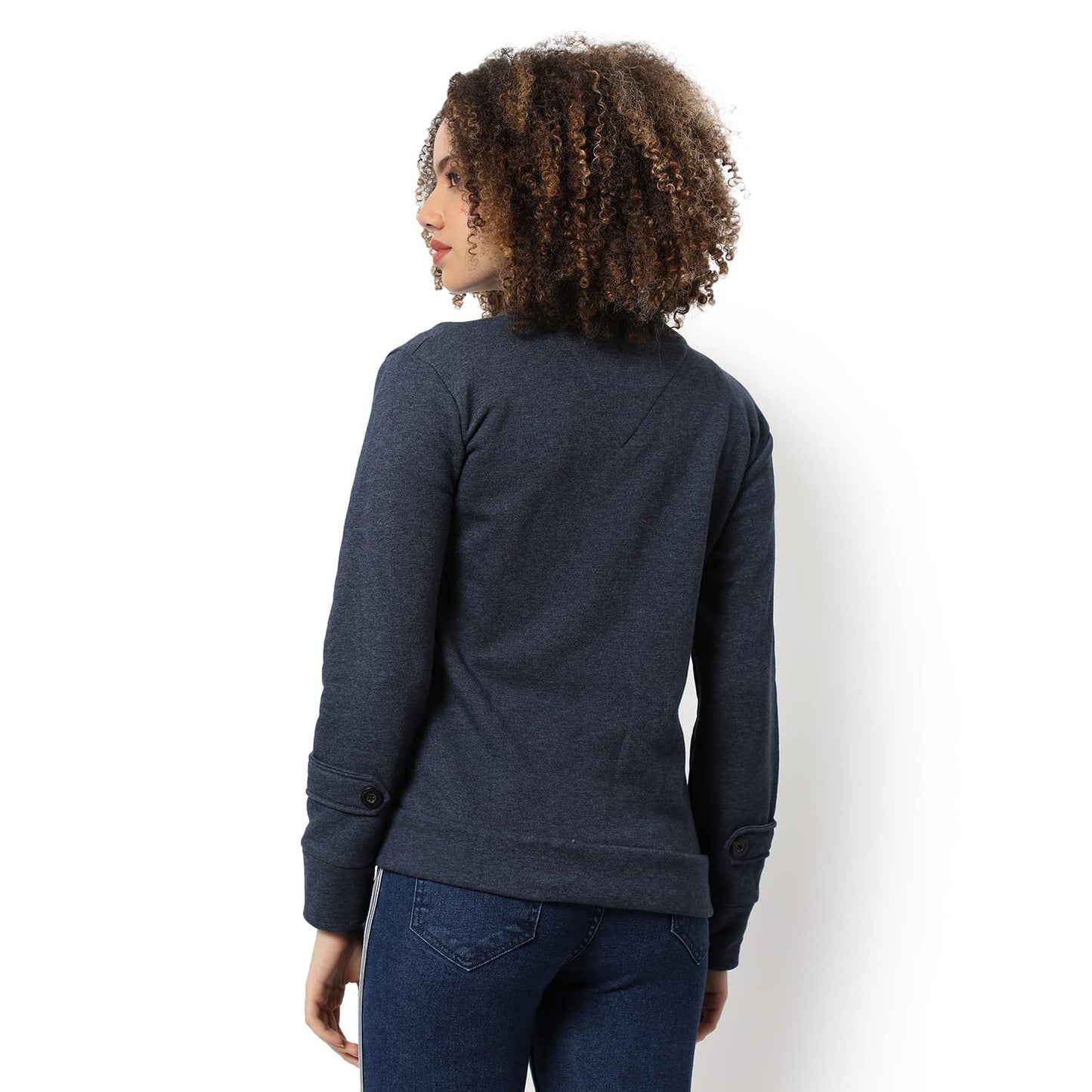 Campus Sutra Women Navy Blue Solid Regular Fit Cotton Jacket For Winter Wear | Standing Collar | Full Sleeve | Buttoned | Casual