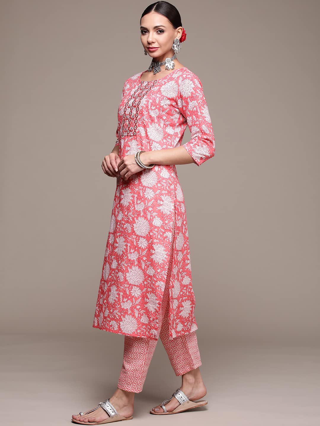 anubhutee Women's Cotton Pink Floral Printed Straight Kurta Suit Set With Pants And Dupatta