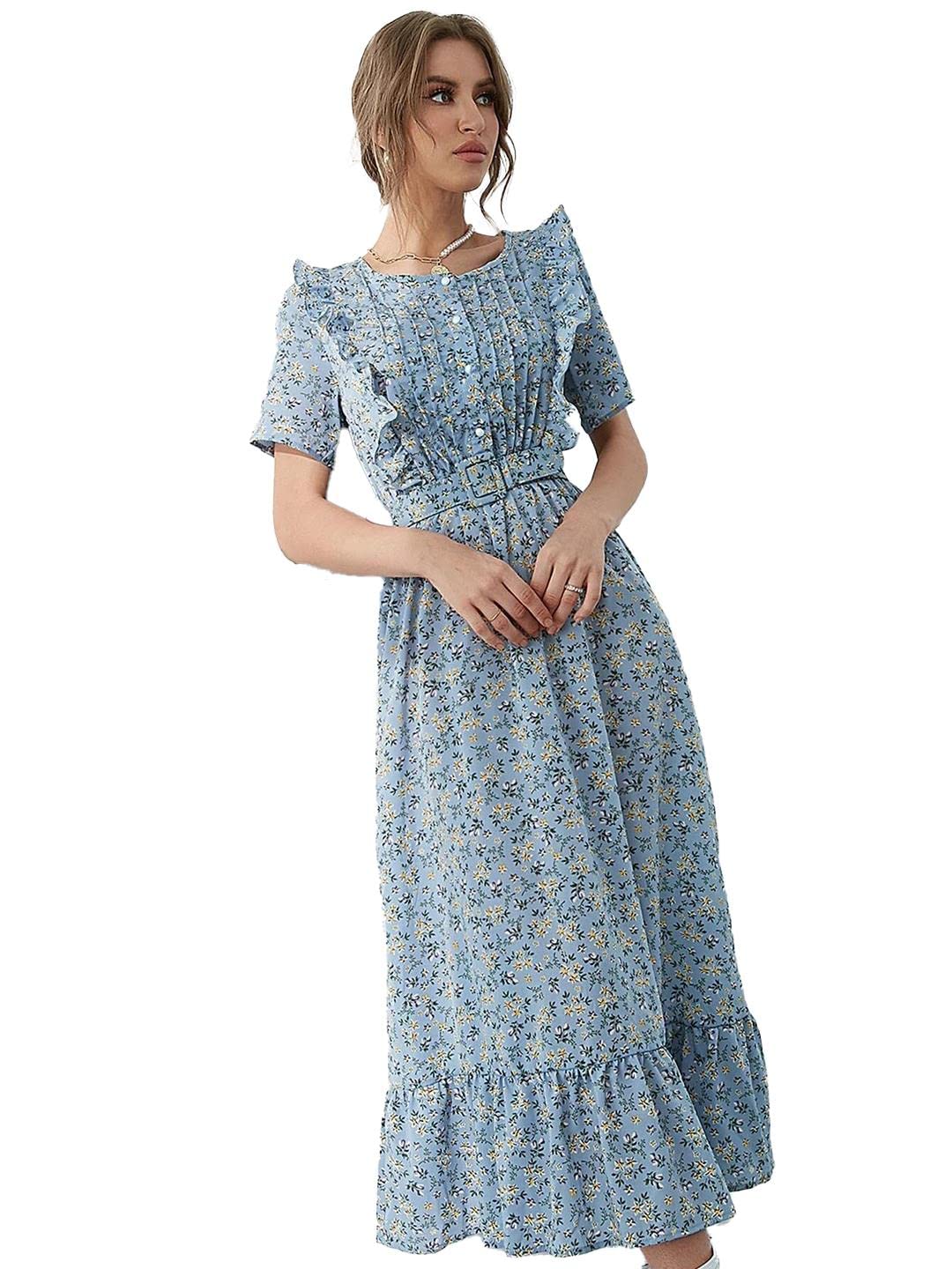 Kotty Womens Polyester Printed Fit And Flared Sky Blue Dress