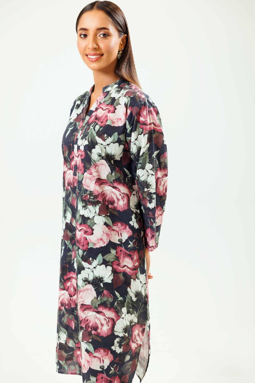 Gufrina Women's Black Floral Printed Long Kurta Set with Straight Pants - Full Sleeve V-Neck Rayon Casual Wear