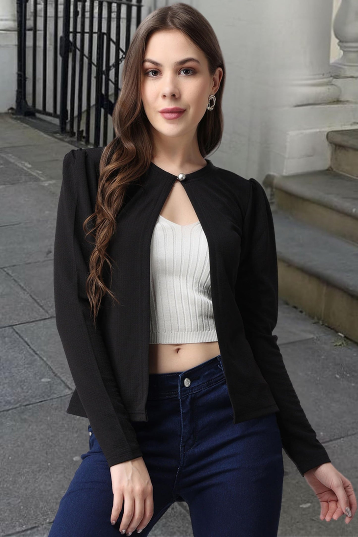 POPWINGS Women Black Regular Fit Blazer