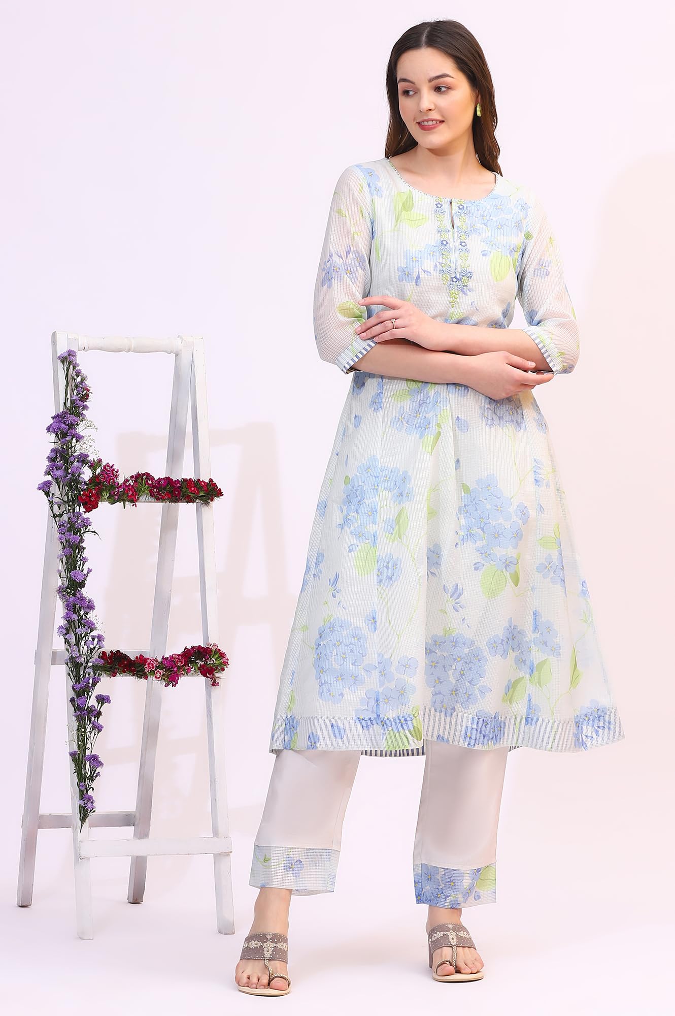 W for Woman Light Blue Floral Printed Gathered Sleeveless Chiffon Kurta with Pants and Dupatta Set