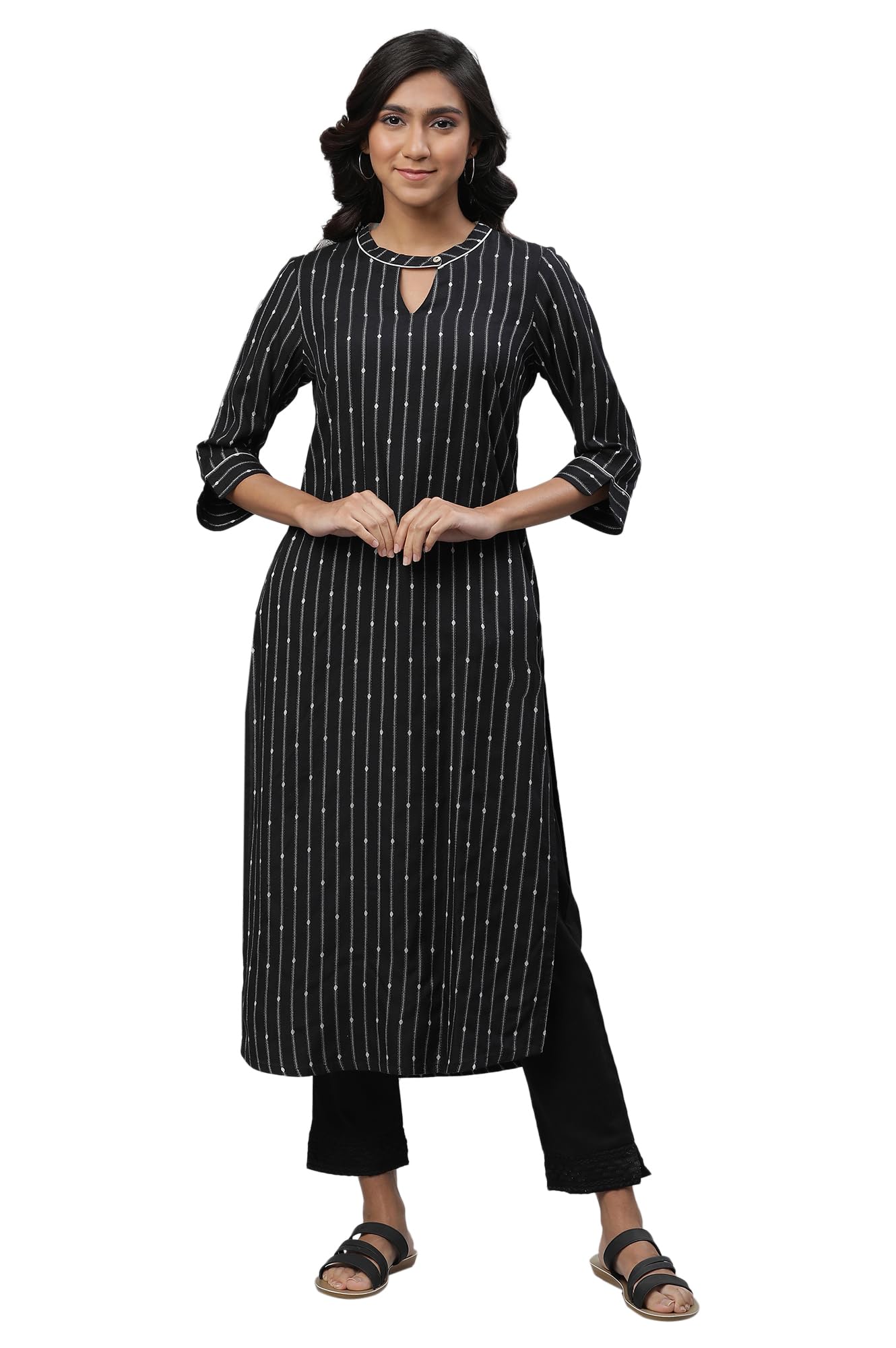 Aurelia Women's Black Stripes Yarn Dyed Dobby Straight Kurta_23AUA14452-701933_L