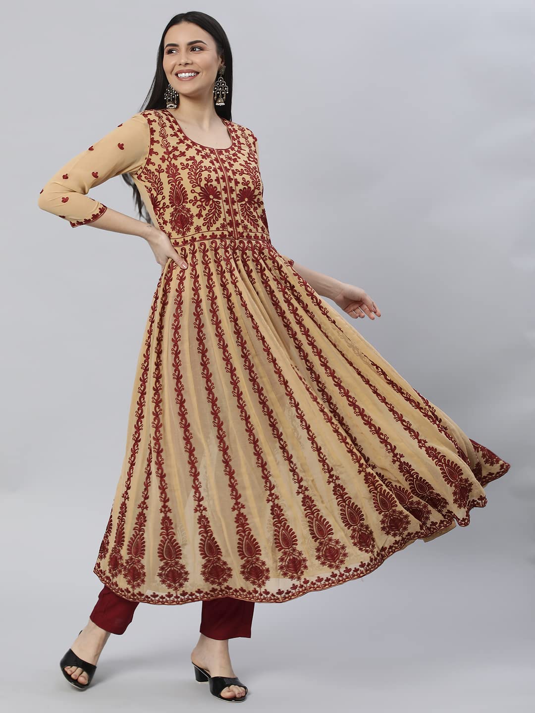 GoSriKi Women's Georgette Chikankari Embroidered Anarkali Kurti (Kari Beige-Nw1-GS)