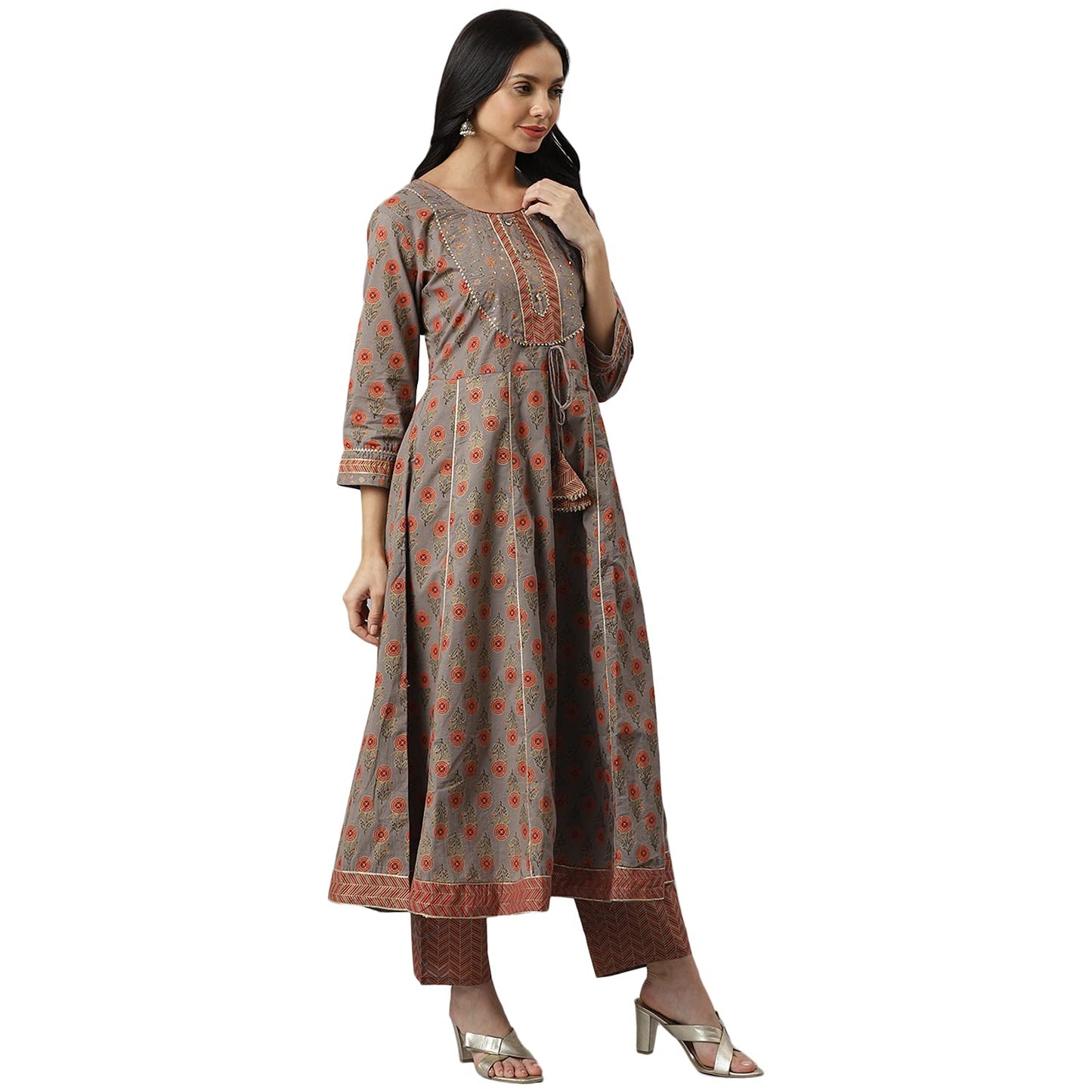 Stylum Women's Floral Printed Cotton Anarkali Kurta Pant Dupatta Set (Grey)